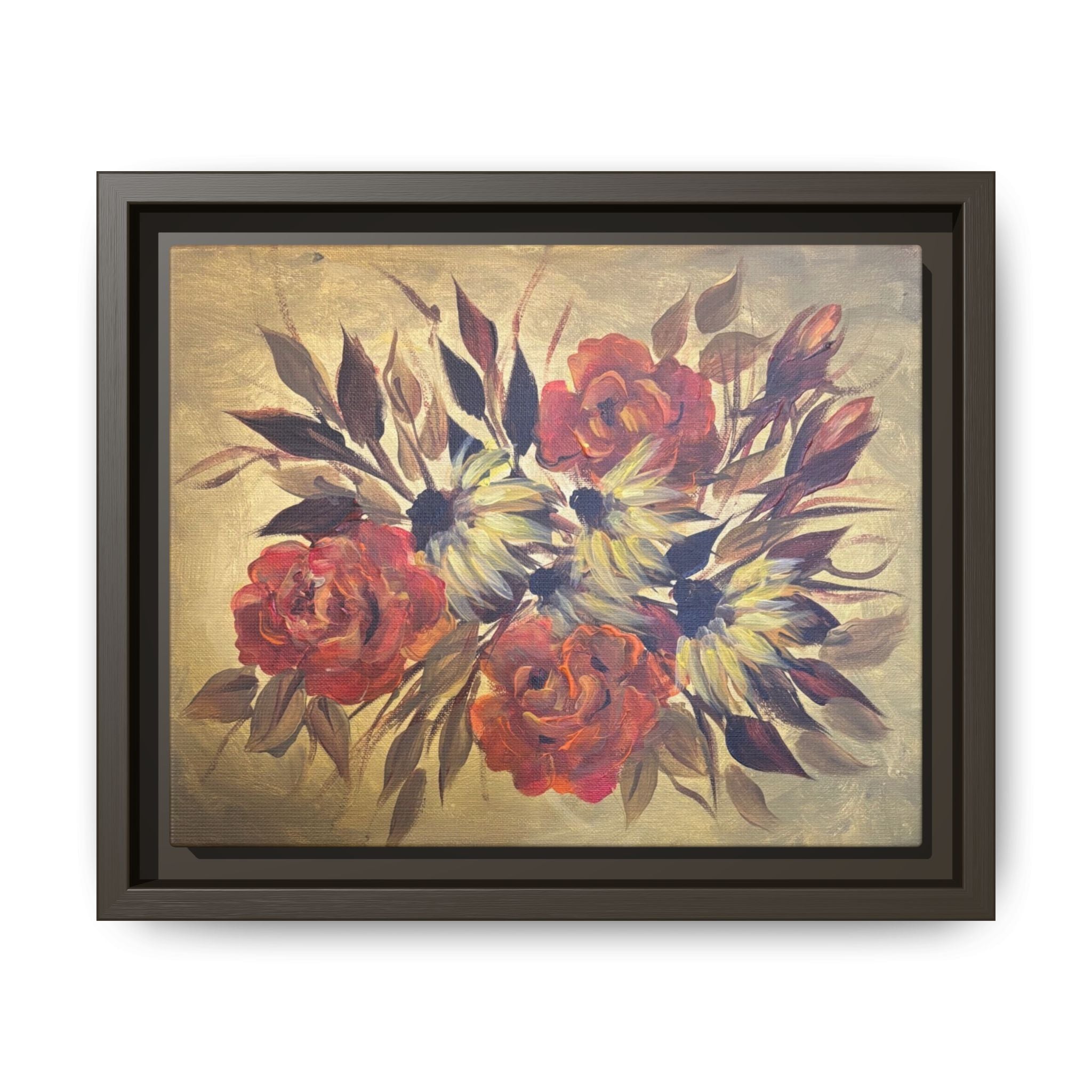 Framed Floral Canvas Wall Art — Vintage Rose Bouquet Matte Print