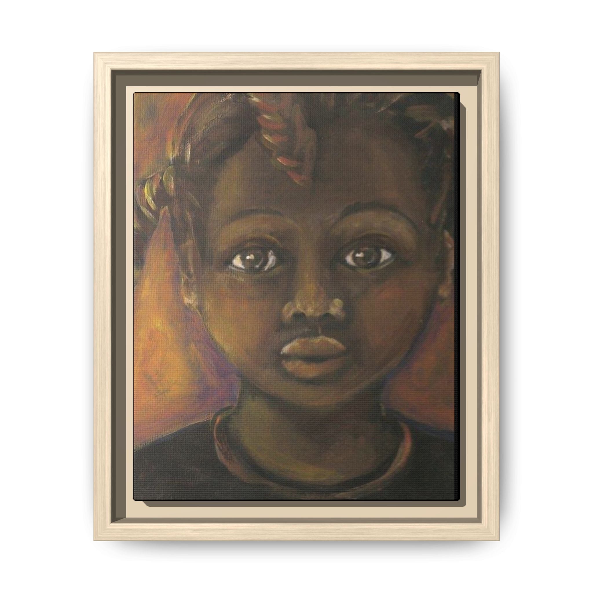 Framed Matte Canvas Portrait – African American Child Wall Art, Warm Earthtone Nursery Décor