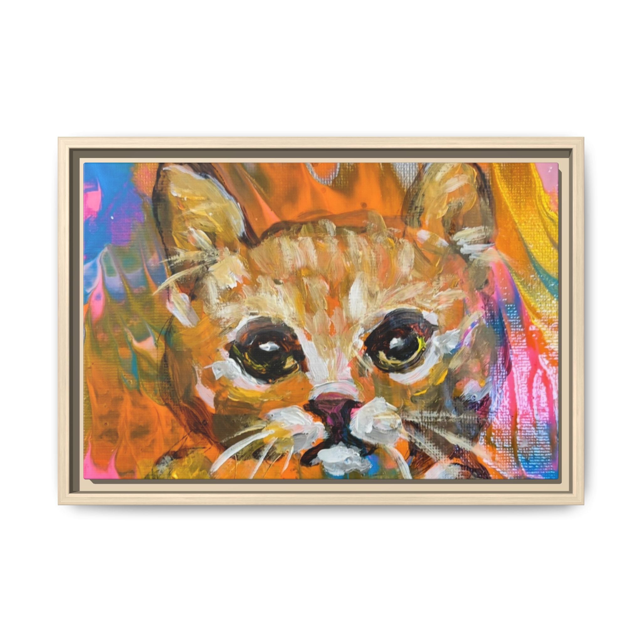 Framed Matte Canvas: Colorful Abstract Ginger Cat Wall Art