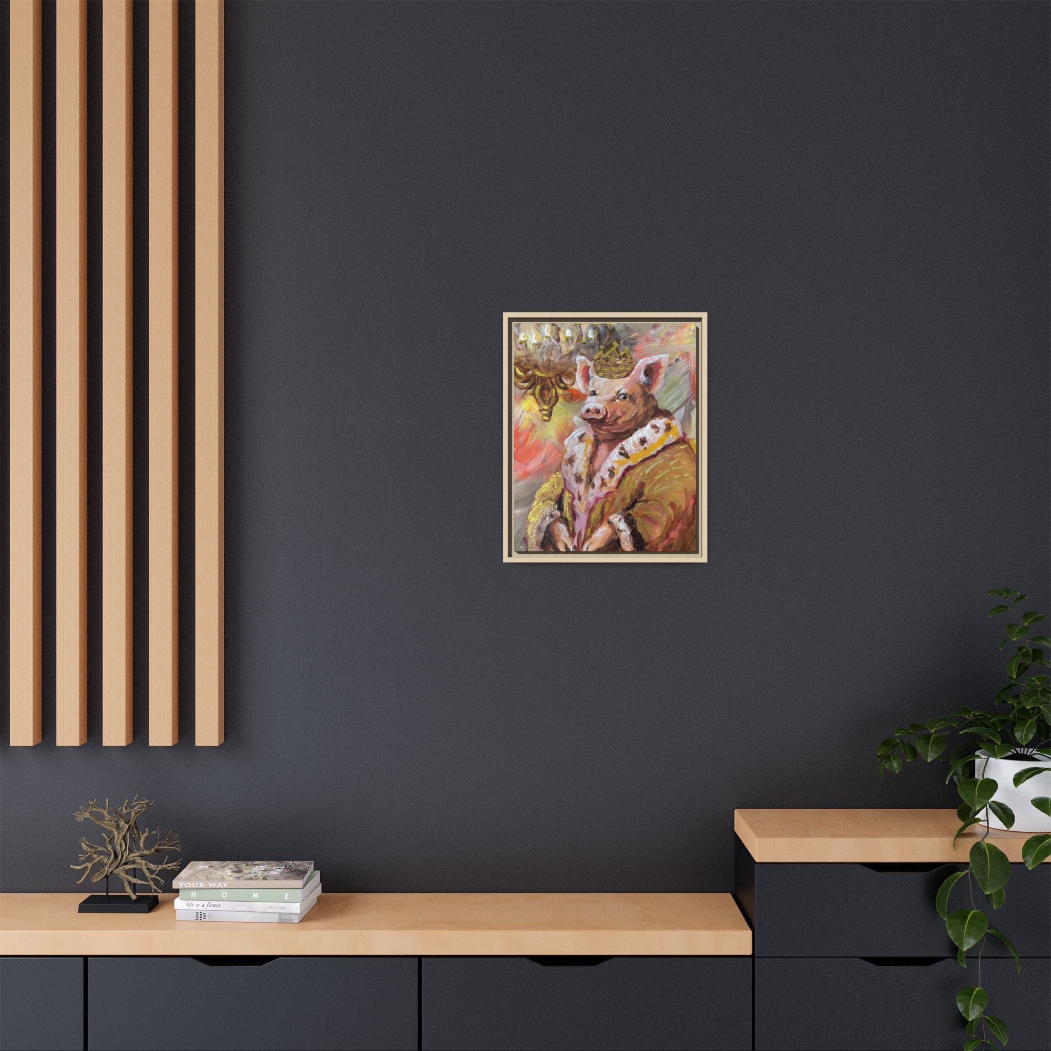 Regal Pig King Framed Canvas Art — Whimsical Farmhouse Wall Decor