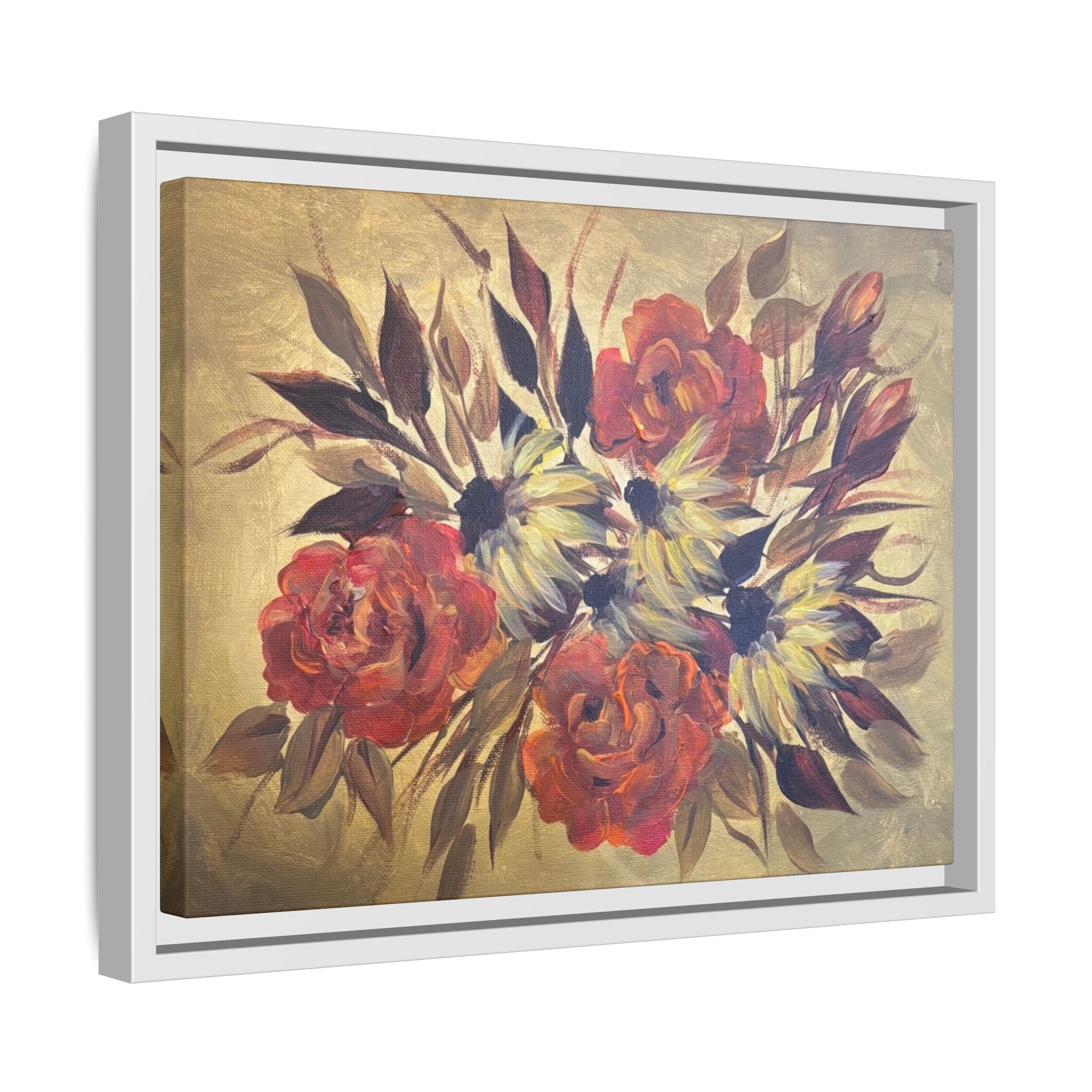 Framed Floral Canvas Wall Art — Vintage Rose Bouquet Matte Print