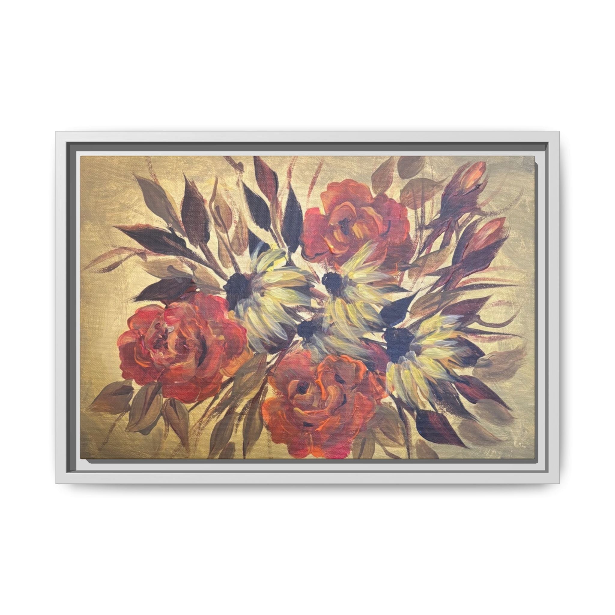 Framed Floral Canvas Wall Art — Vintage Rose Bouquet Matte Print
