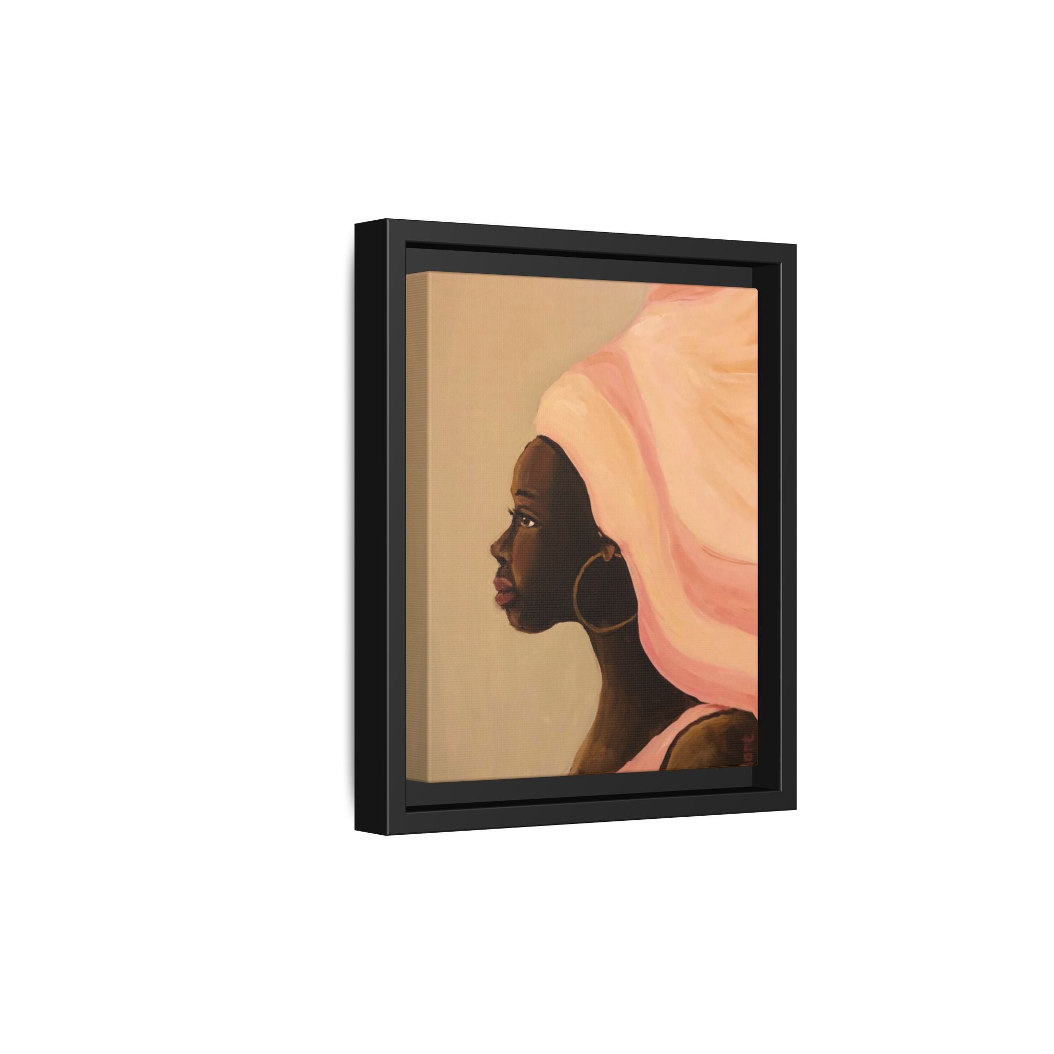 Framed Matte Canvas Art – Elegant African Woman Portrait (Pink Headwrap)