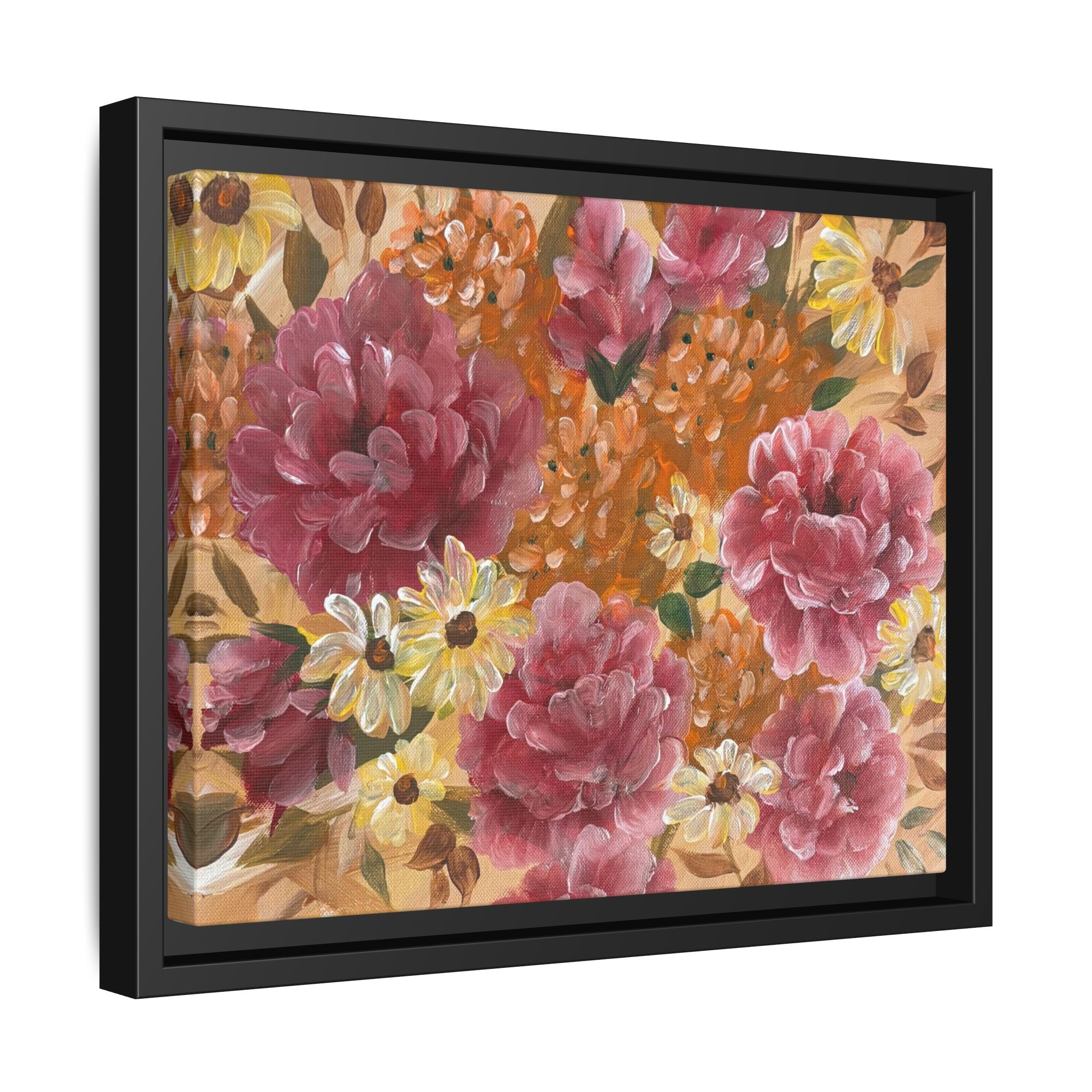 Warm Floral Framed Floral Canvas Print — Pink Peony & Daisies Wall Art