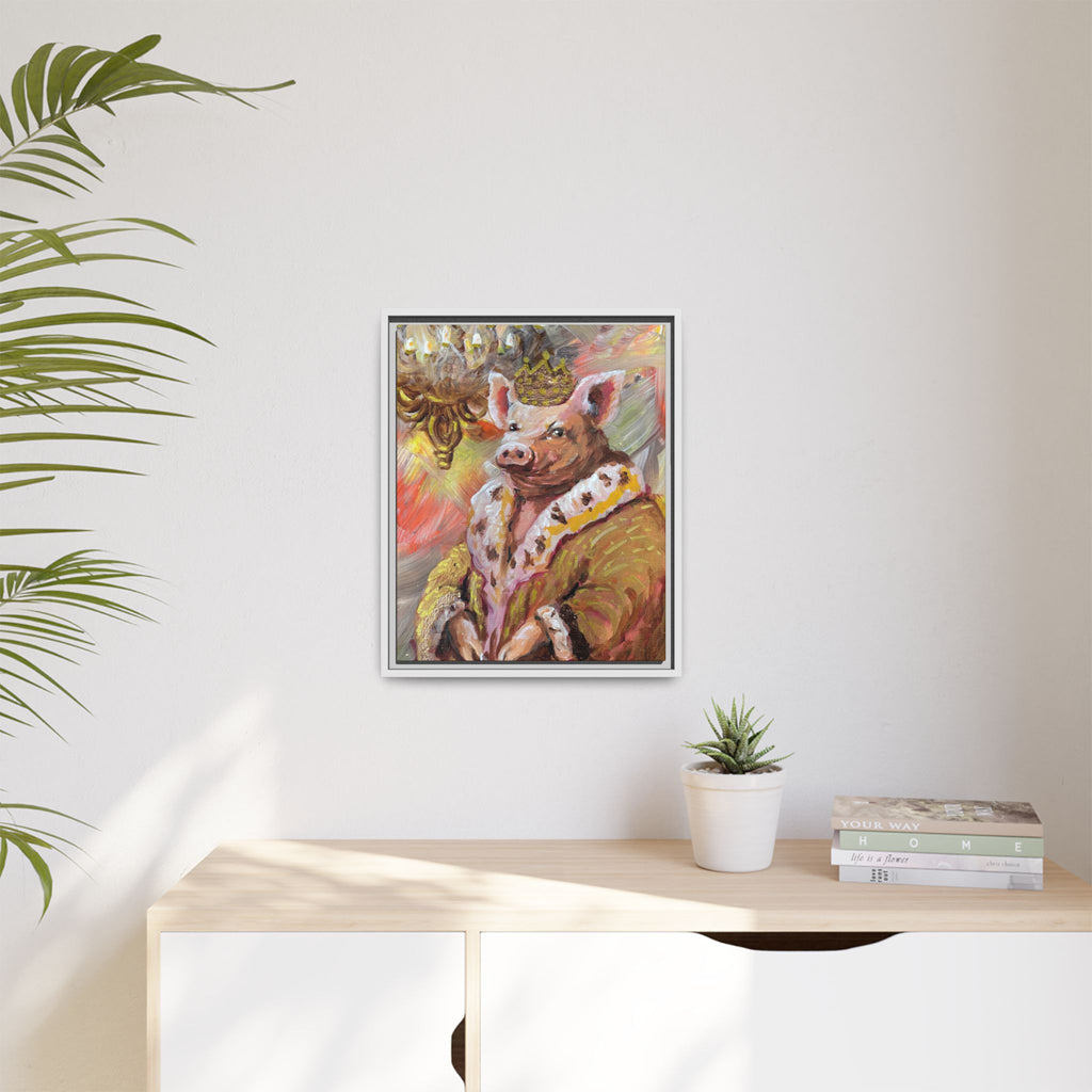 Regal Pig King Framed Canvas Art — Whimsical Farmhouse Wall Decor
