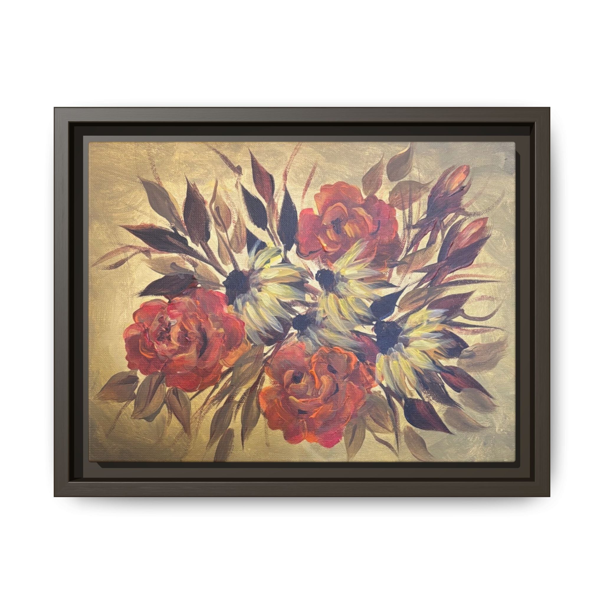 Framed Floral Canvas Wall Art — Vintage Rose Bouquet Matte Print
