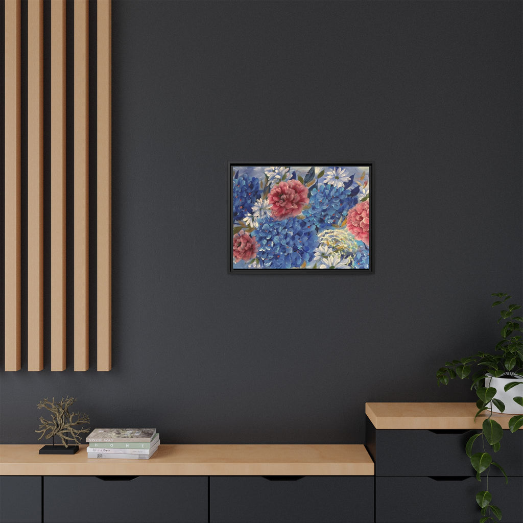 Cool Blue Framed Floral Canvas Print — Blue Hydrangea & Pink Peony Wall Art