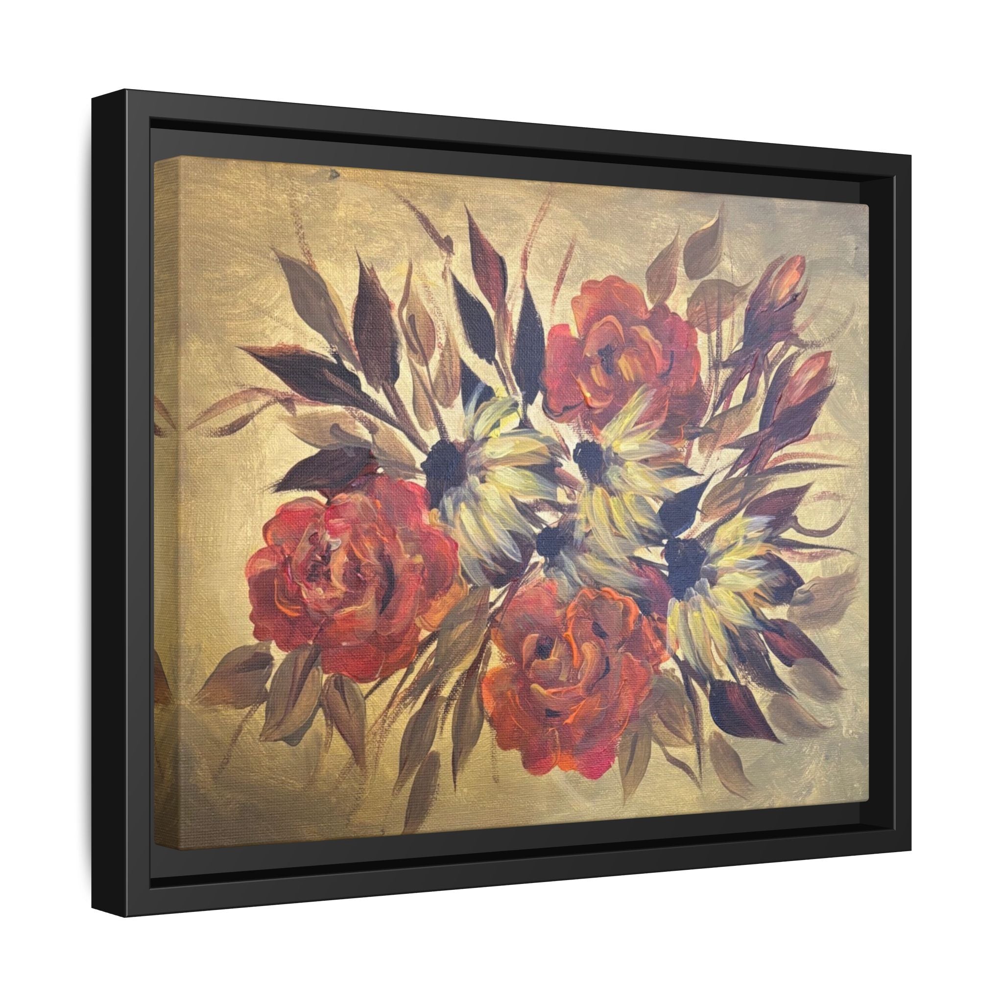 Framed Floral Canvas Wall Art — Vintage Rose Bouquet Matte Print
