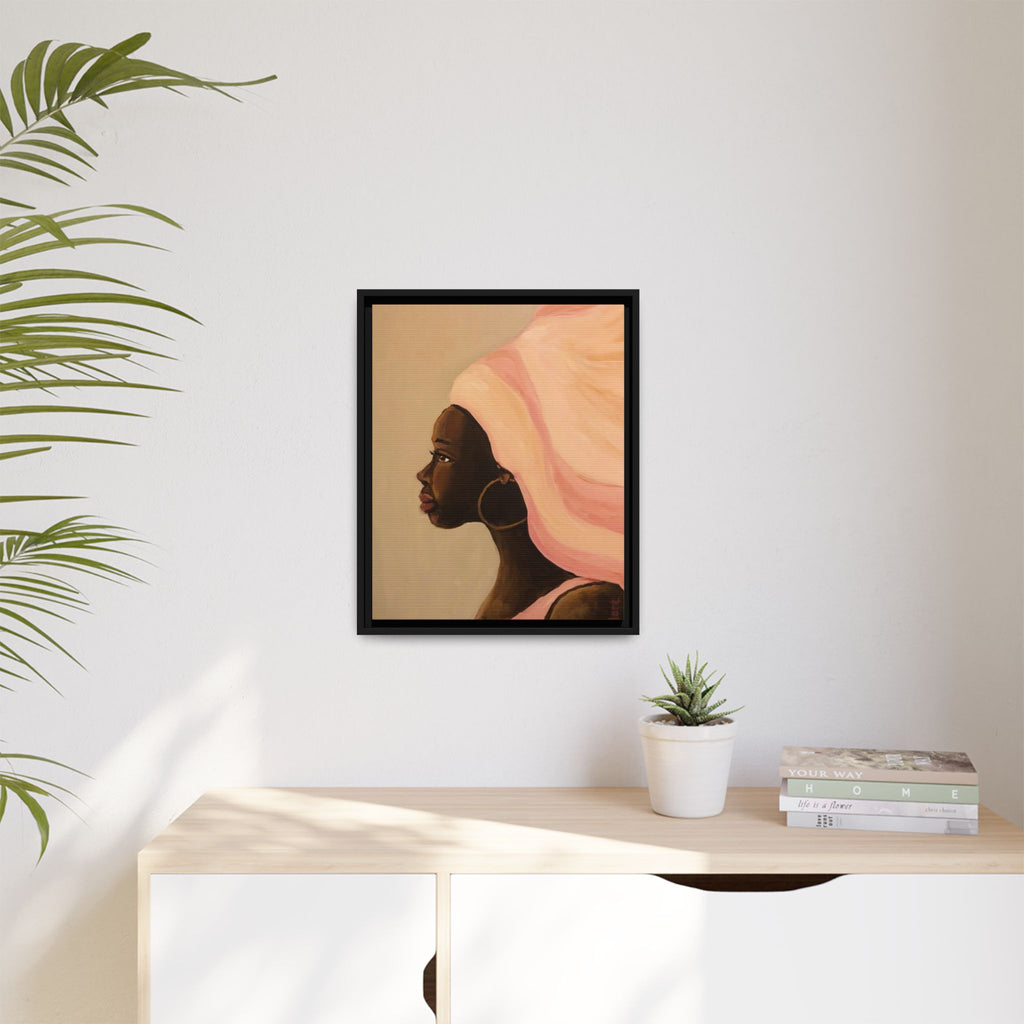 Framed Matte Canvas Art – Elegant African Woman Portrait (Pink Headwrap)