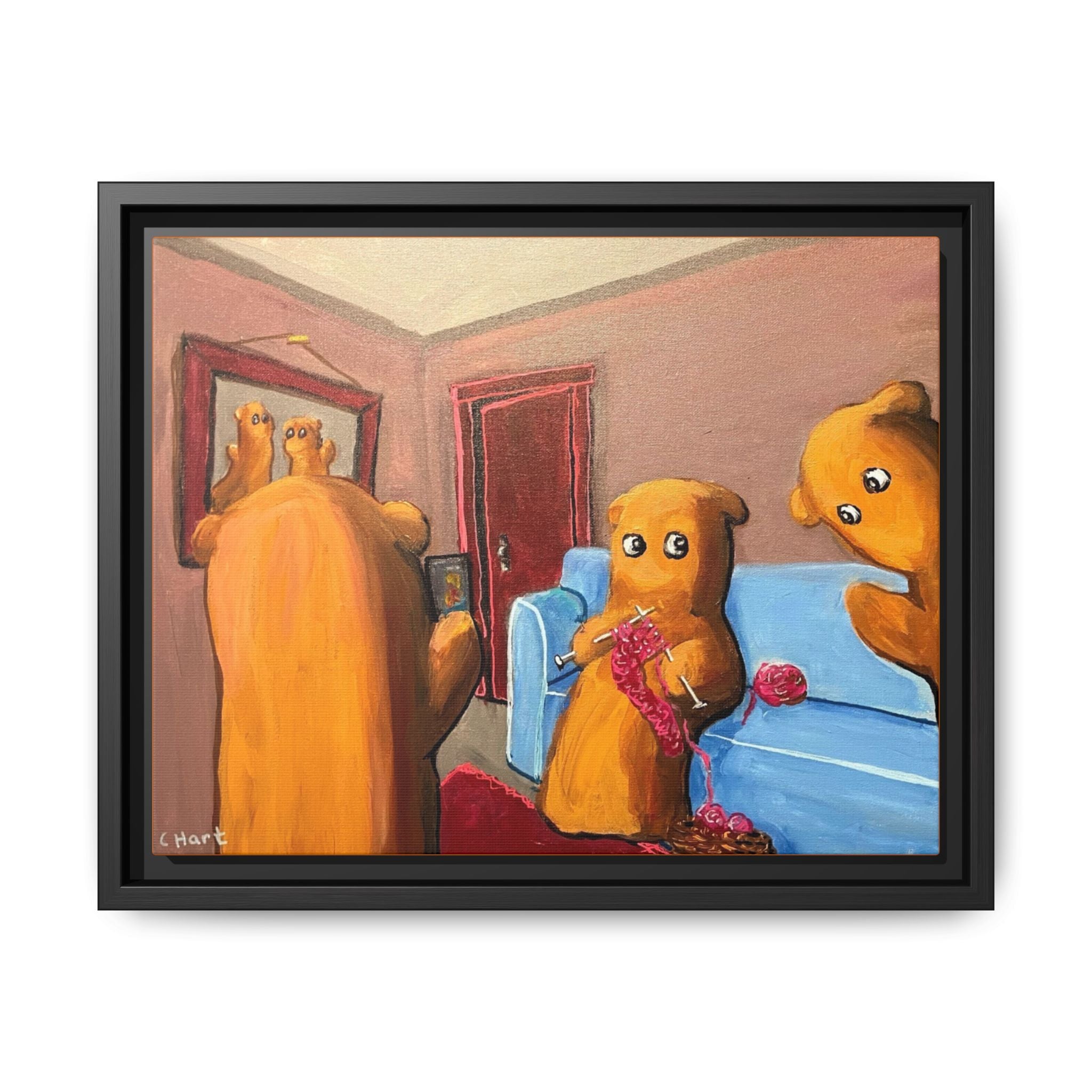 Whimsical Bear Family Framed Canvas Art — Matte Multi-Color Wall Decor
