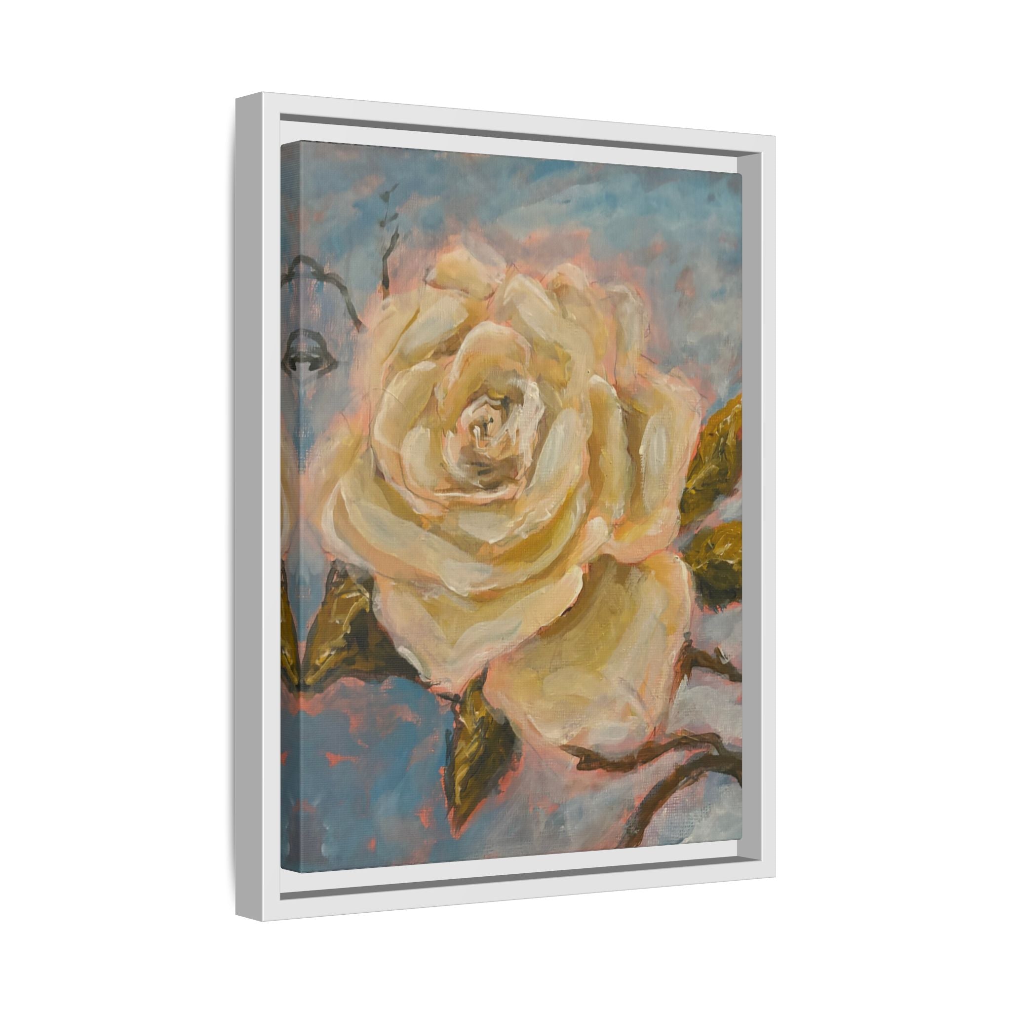 Warm White Rose Framed Matte Canvas - Vintage Rose Floral Wall Art