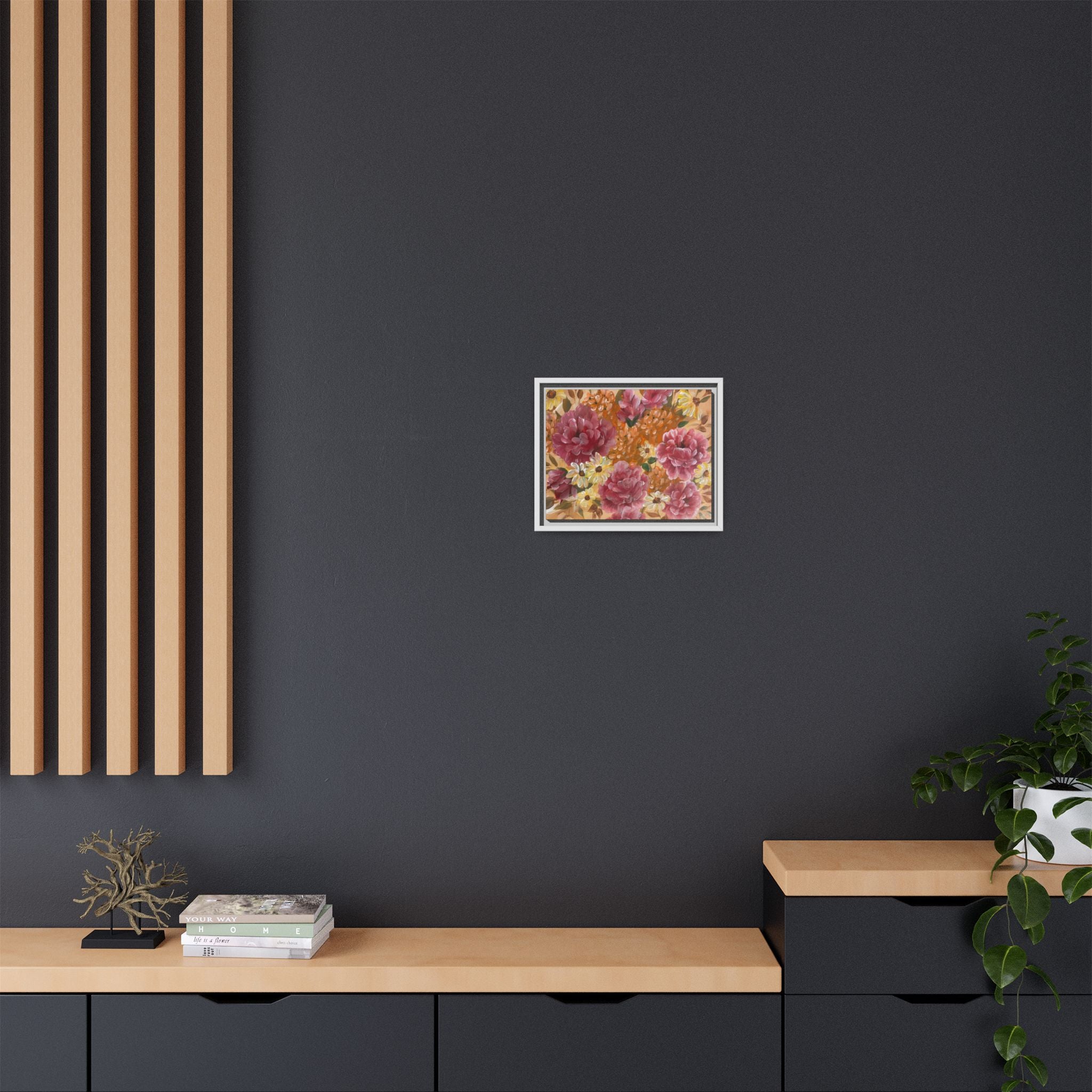 Warm Floral Framed Floral Canvas Print — Pink Peony & Daisies Wall Art