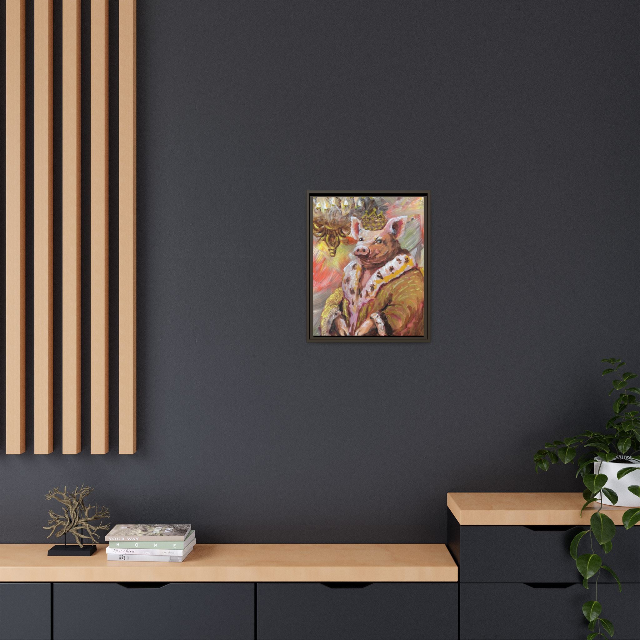 Regal Pig King Framed Canvas Art — Whimsical Farmhouse Wall Decor