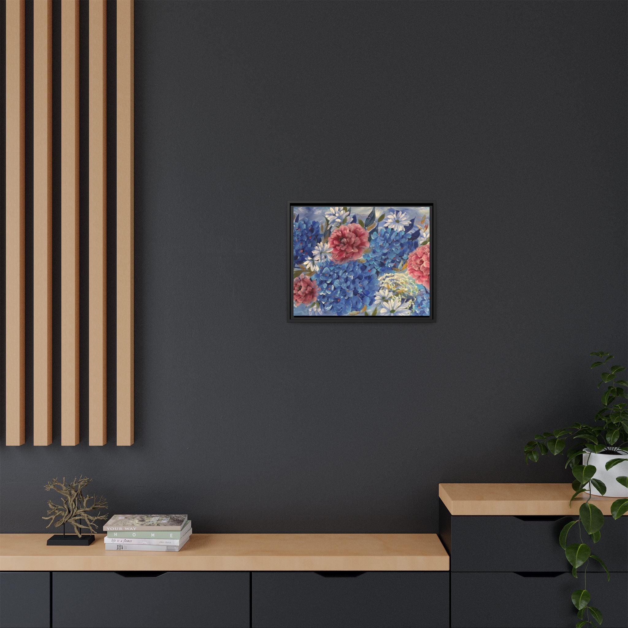 Cool Blue Framed Floral Canvas Print — Blue Hydrangea & Pink Peony Wall Art