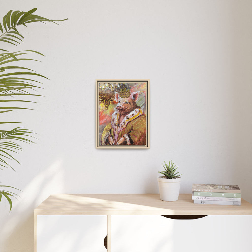 Regal Pig King Framed Canvas Art — Whimsical Farmhouse Wall Decor