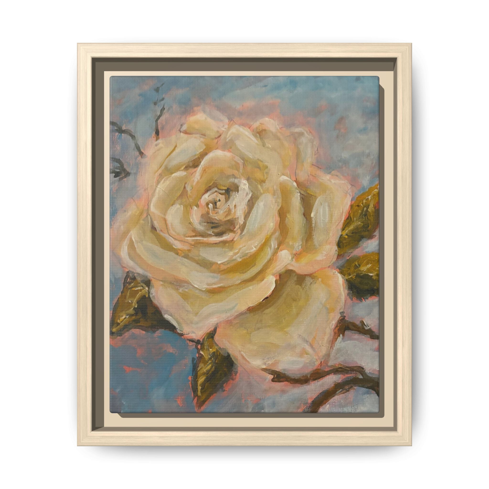 Warm White Rose Framed Matte Canvas - Vintage Rose Floral Wall Art