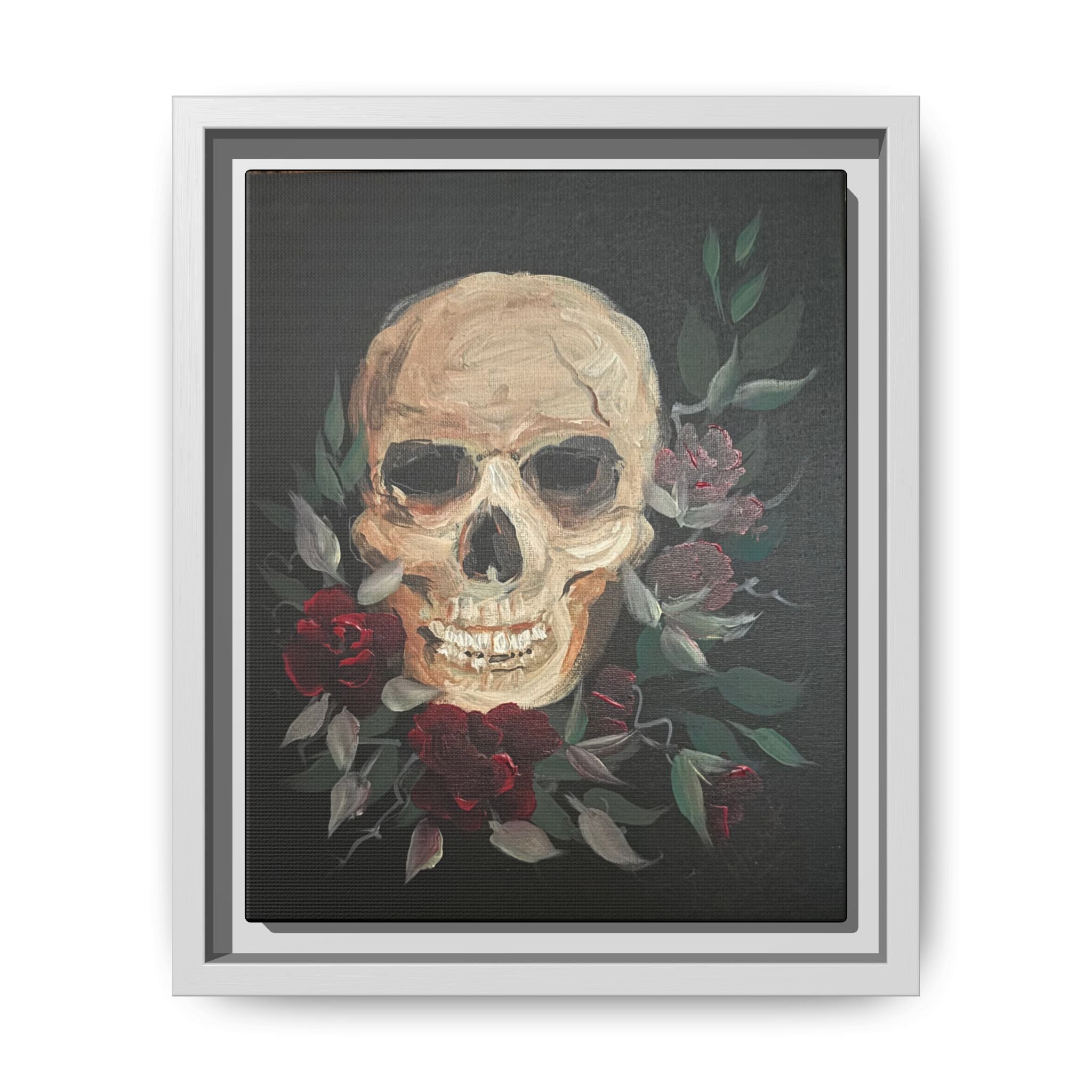 Framed Matte Canvas Skull & Roses Wall Art — Dark Gothic Home Decor