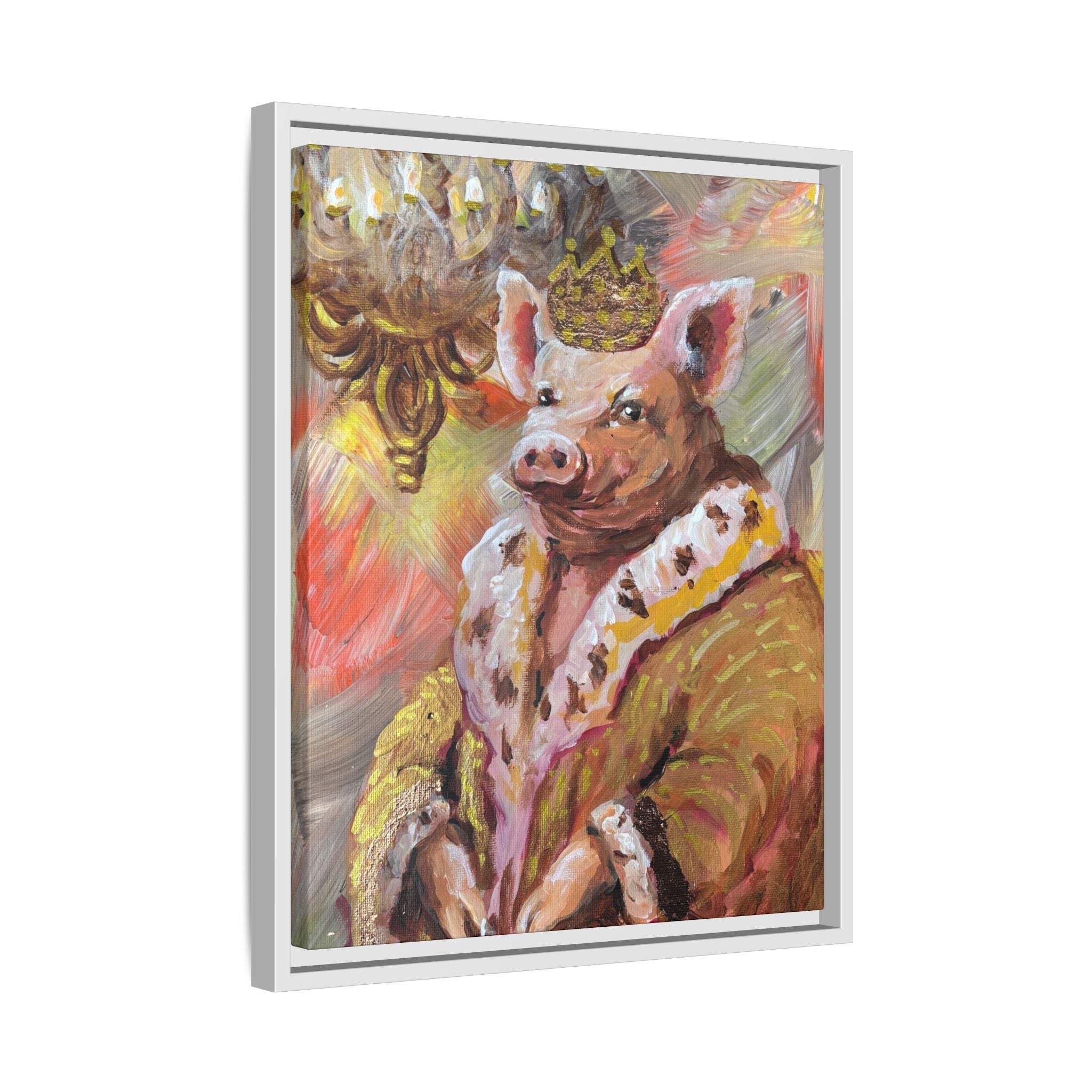 Regal Pig King Framed Canvas Art — Whimsical Farmhouse Wall Decor