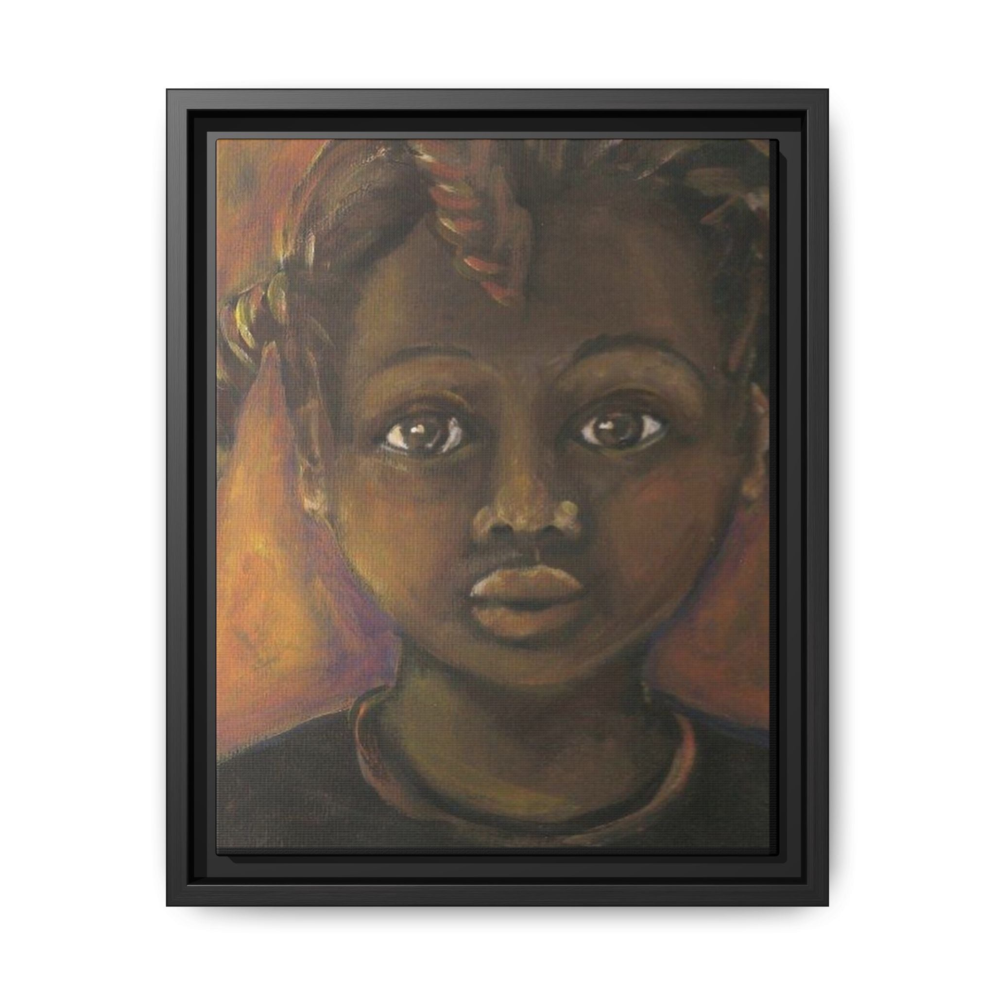 Framed Matte Canvas Portrait – African American Child Wall Art, Warm Earthtone Nursery Décor