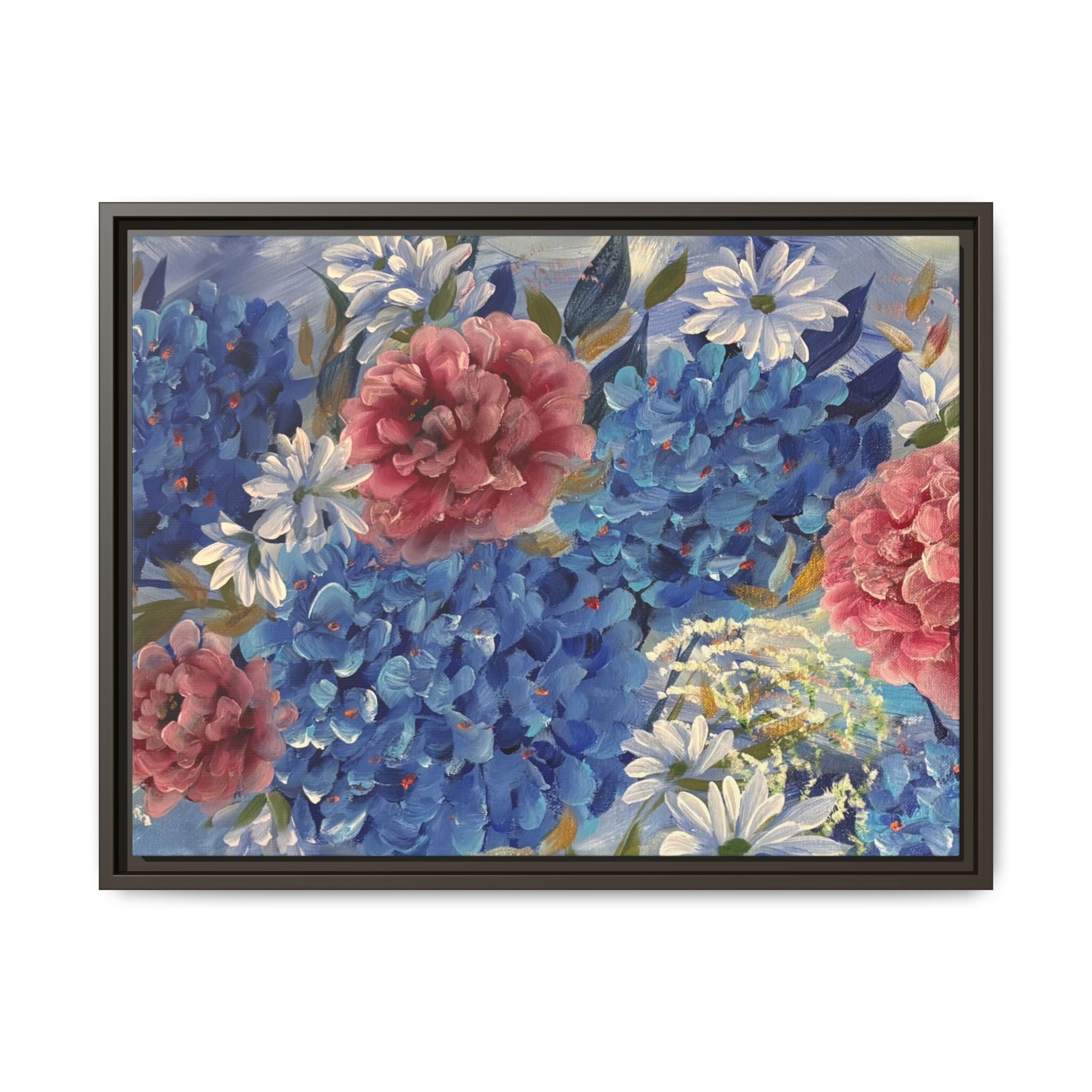 Cool Blue Framed Floral Canvas Print — Blue Hydrangea & Pink Peony Wall Art
