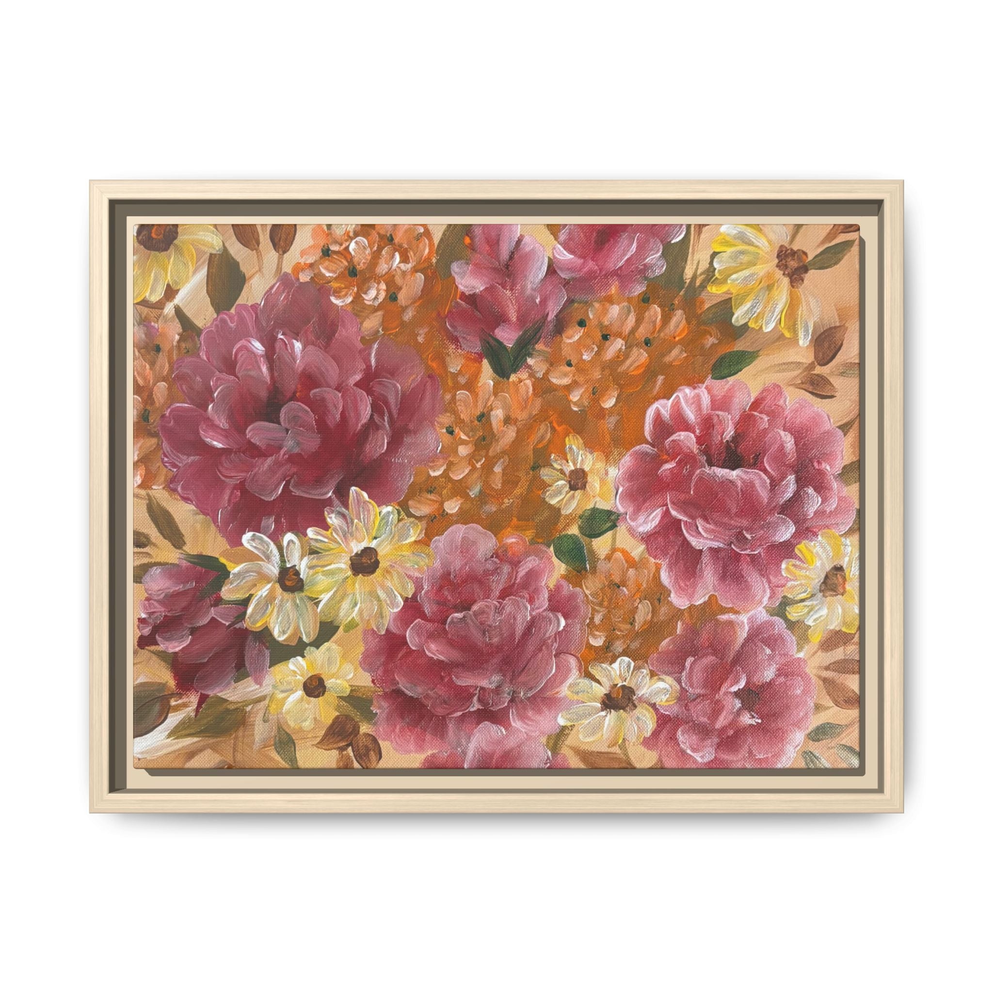 Warm Framed Floral Canvas Print — Vintage Pink Peonies Wall Art