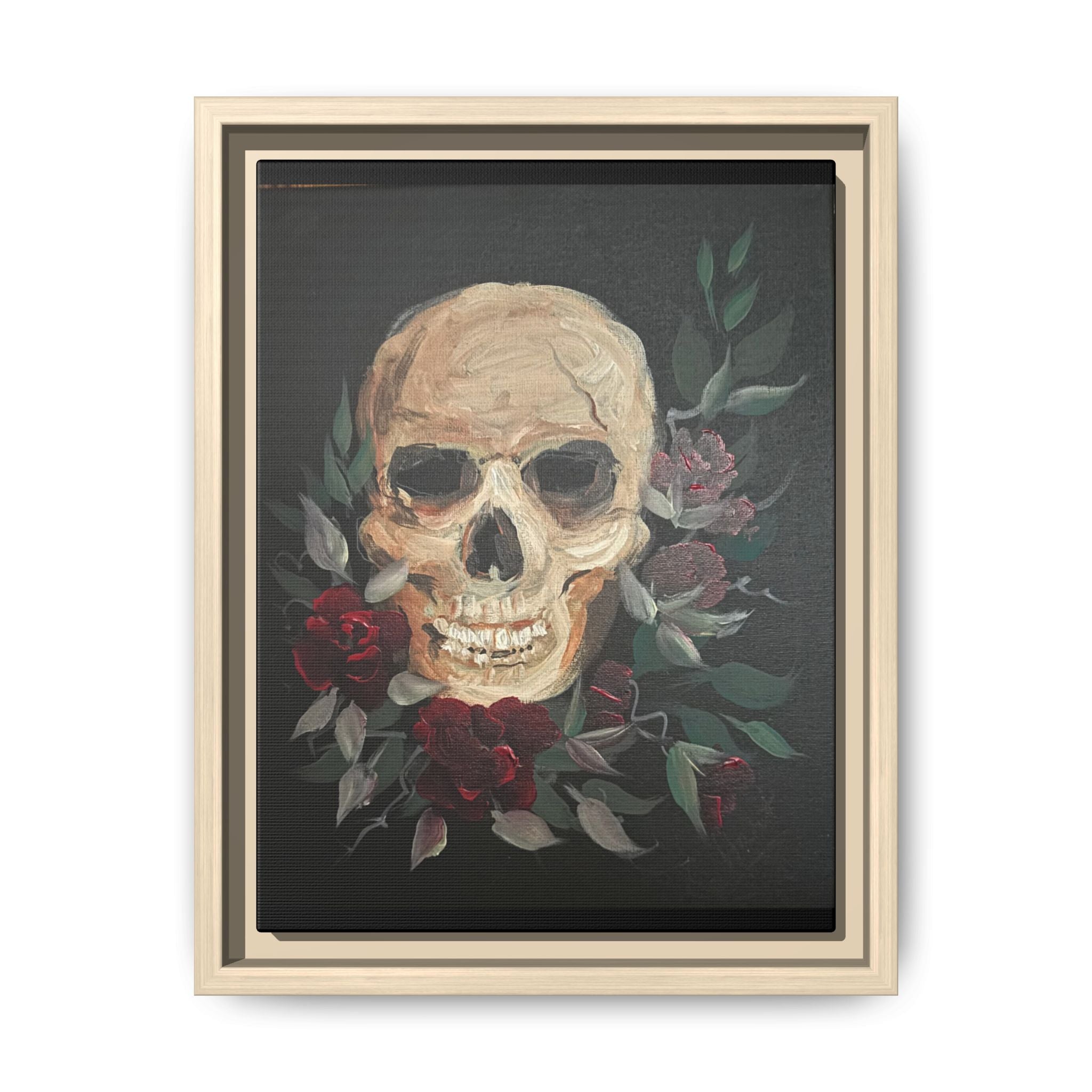 Framed Matte Canvas Skull & Roses Wall Art — Dark Gothic Home Decor