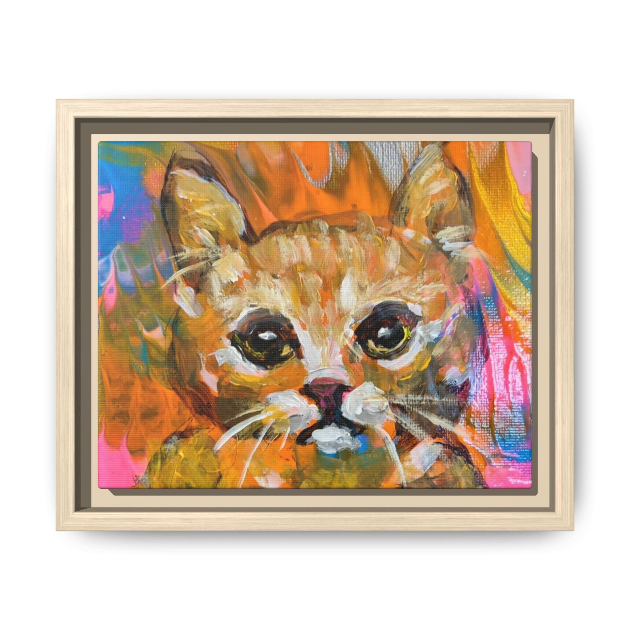 Framed Matte Canvas: Colorful Abstract Ginger Cat Wall Art