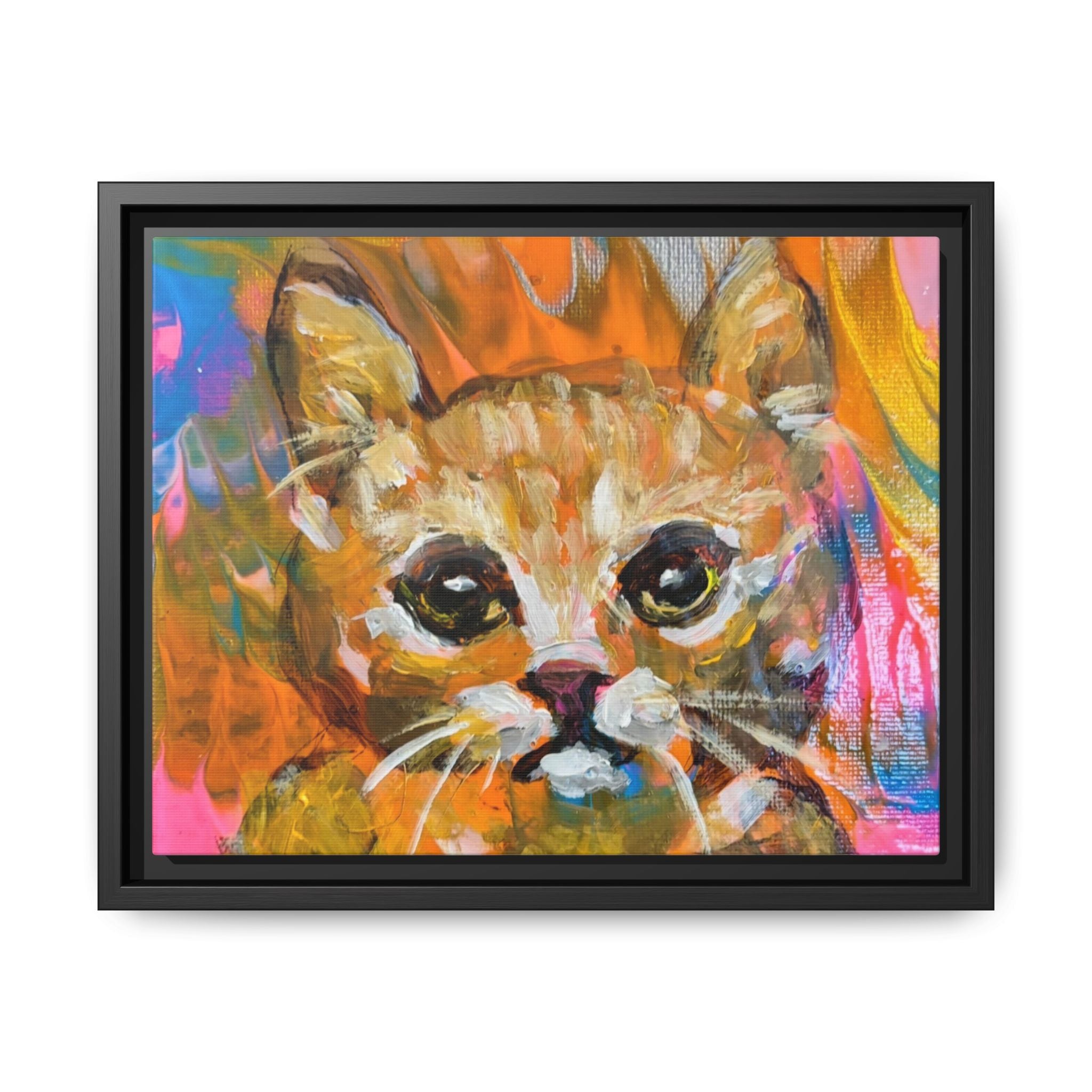 Framed Matte Canvas: Colorful Abstract Ginger Cat Wall Art