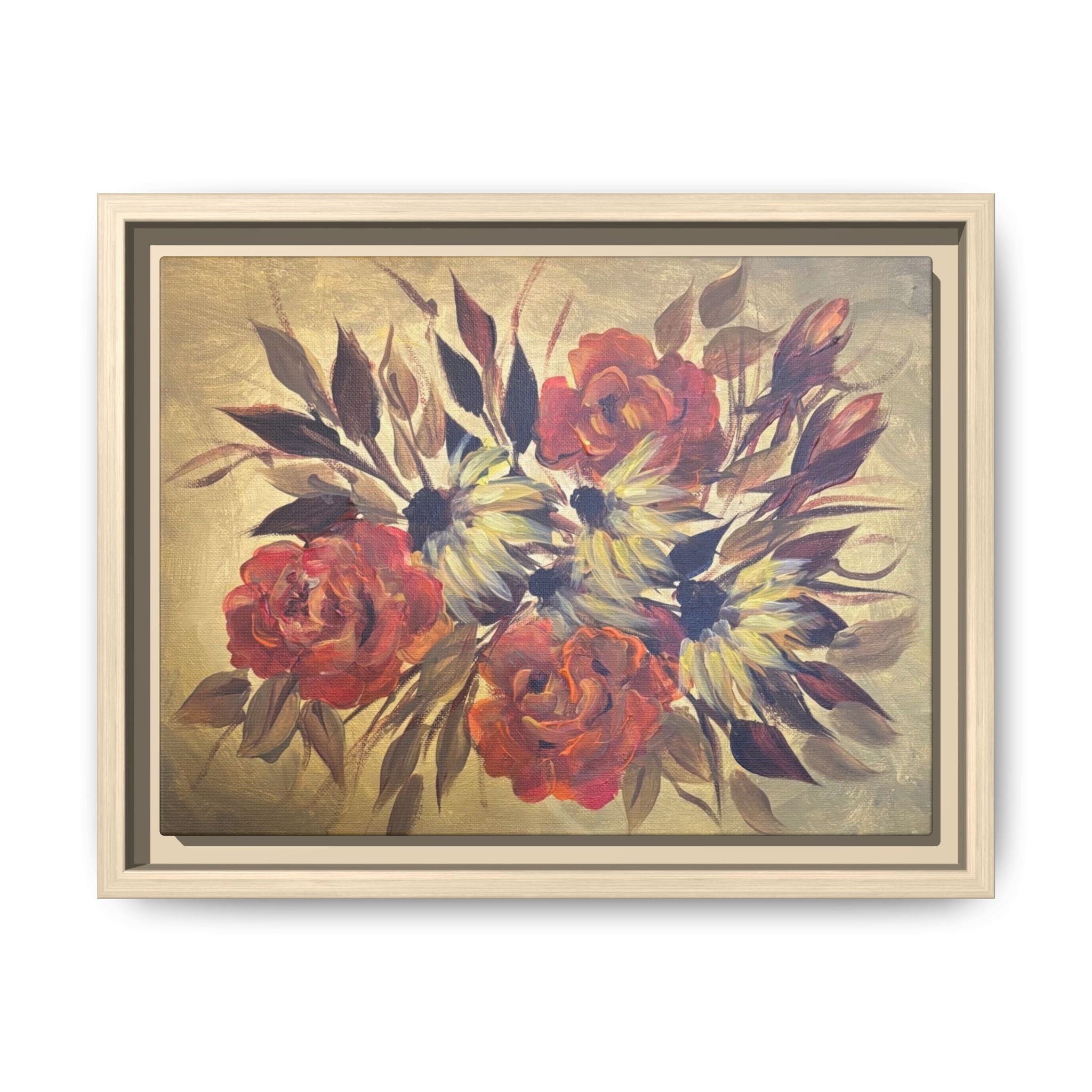 Framed Floral Canvas Wall Art — Vintage Rose Bouquet Matte Print