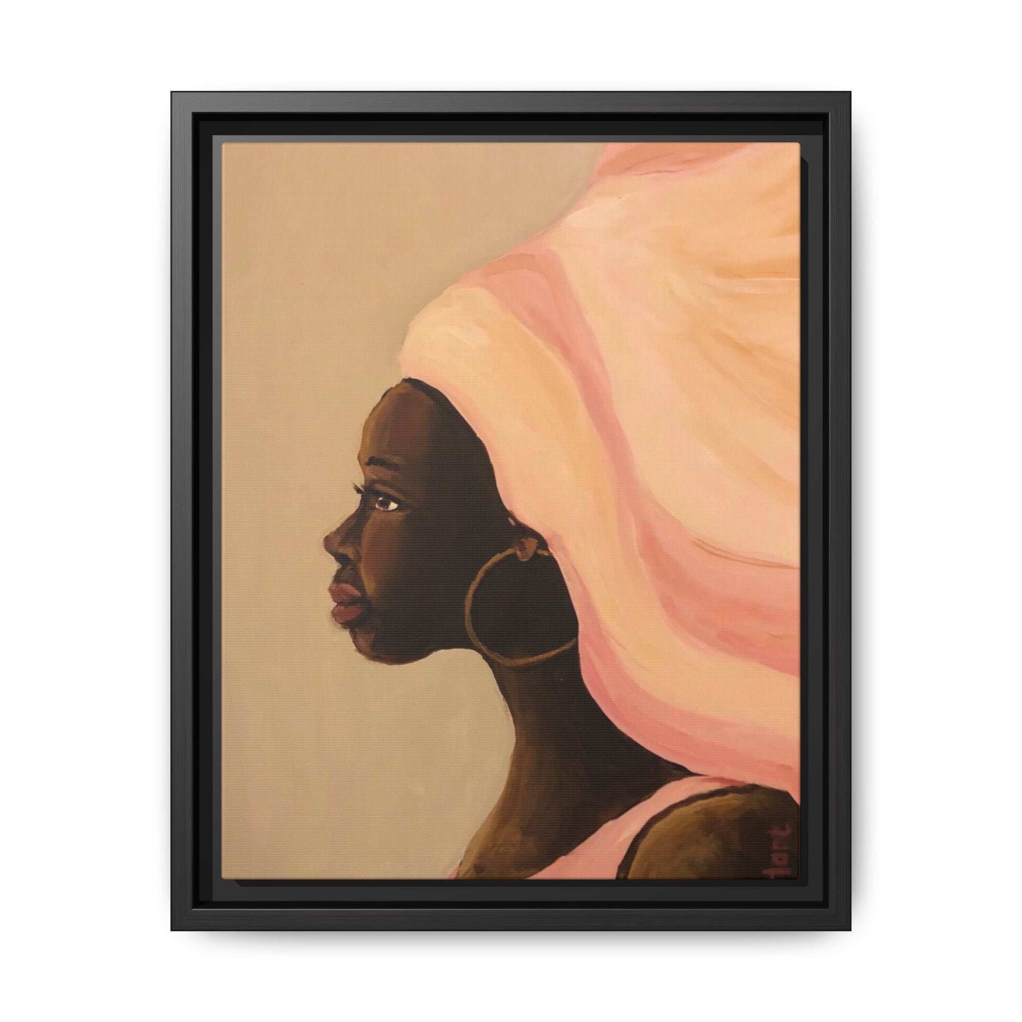 Framed Matte Canvas Art – Elegant African Woman Portrait (Pink Headwrap)