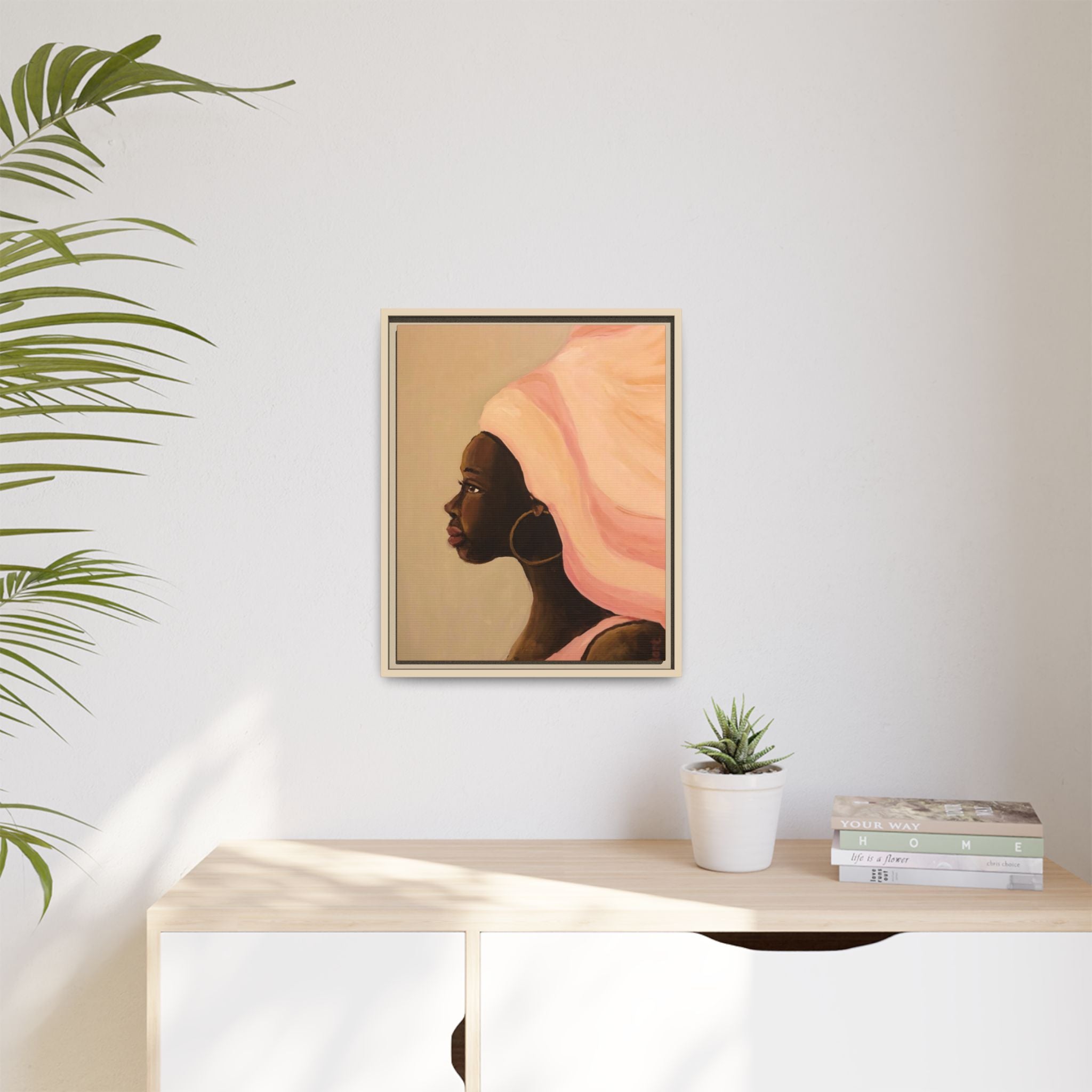 Framed Matte Canvas Art – Elegant African Woman Portrait (Pink Headwrap)
