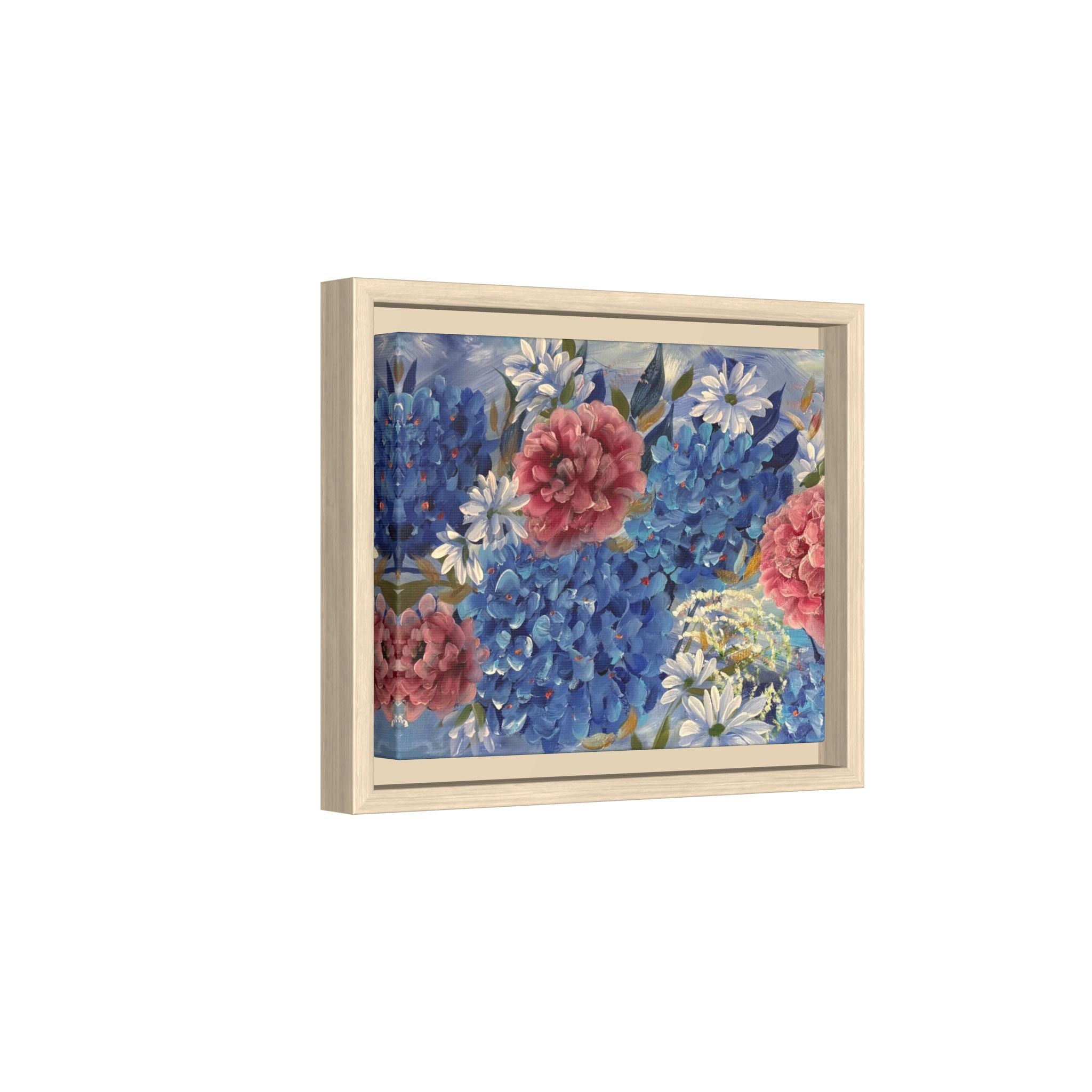 Cool Blue Framed Floral Canvas Print — Blue Hydrangea & Pink Peony Wall Art