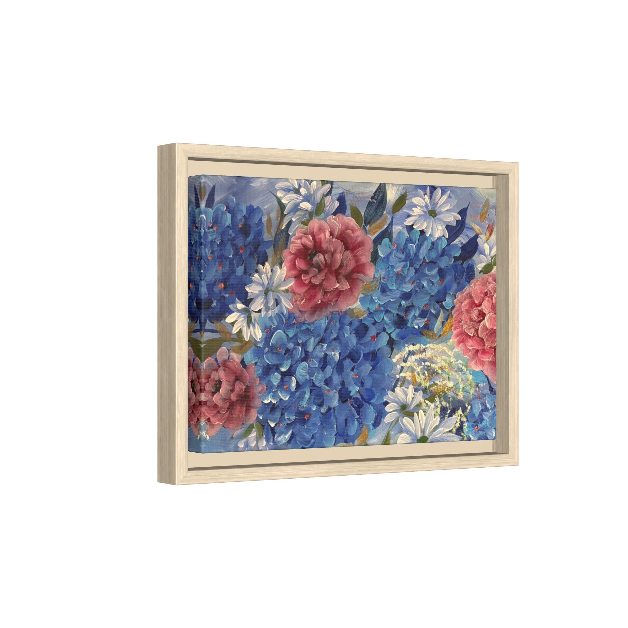 Cool Blue Framed Floral Canvas Print — Blue Hydrangea & Pink Peony Wall Art