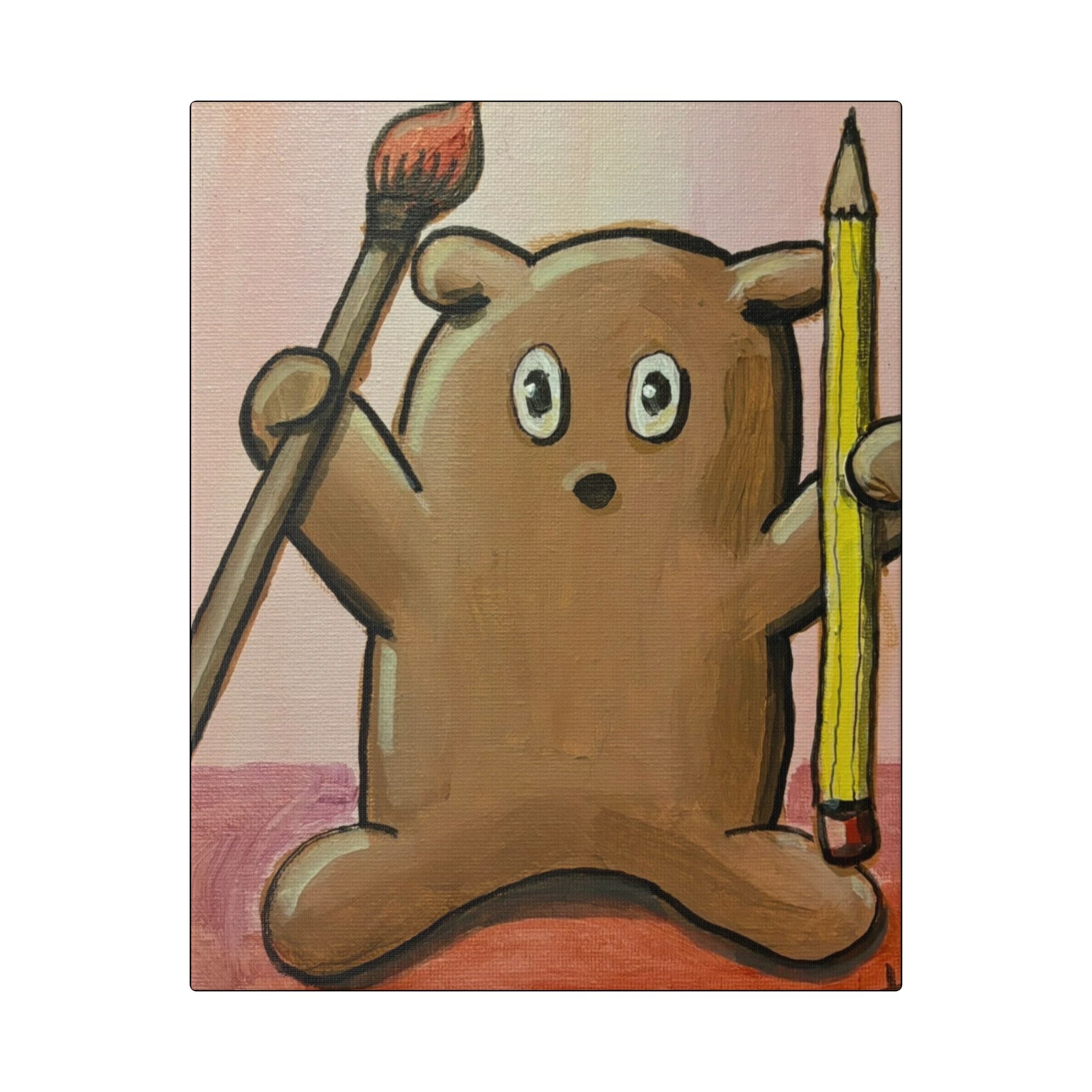 Cute Bear Artist Canvas Print — Whimsical Kids Room Wall Art