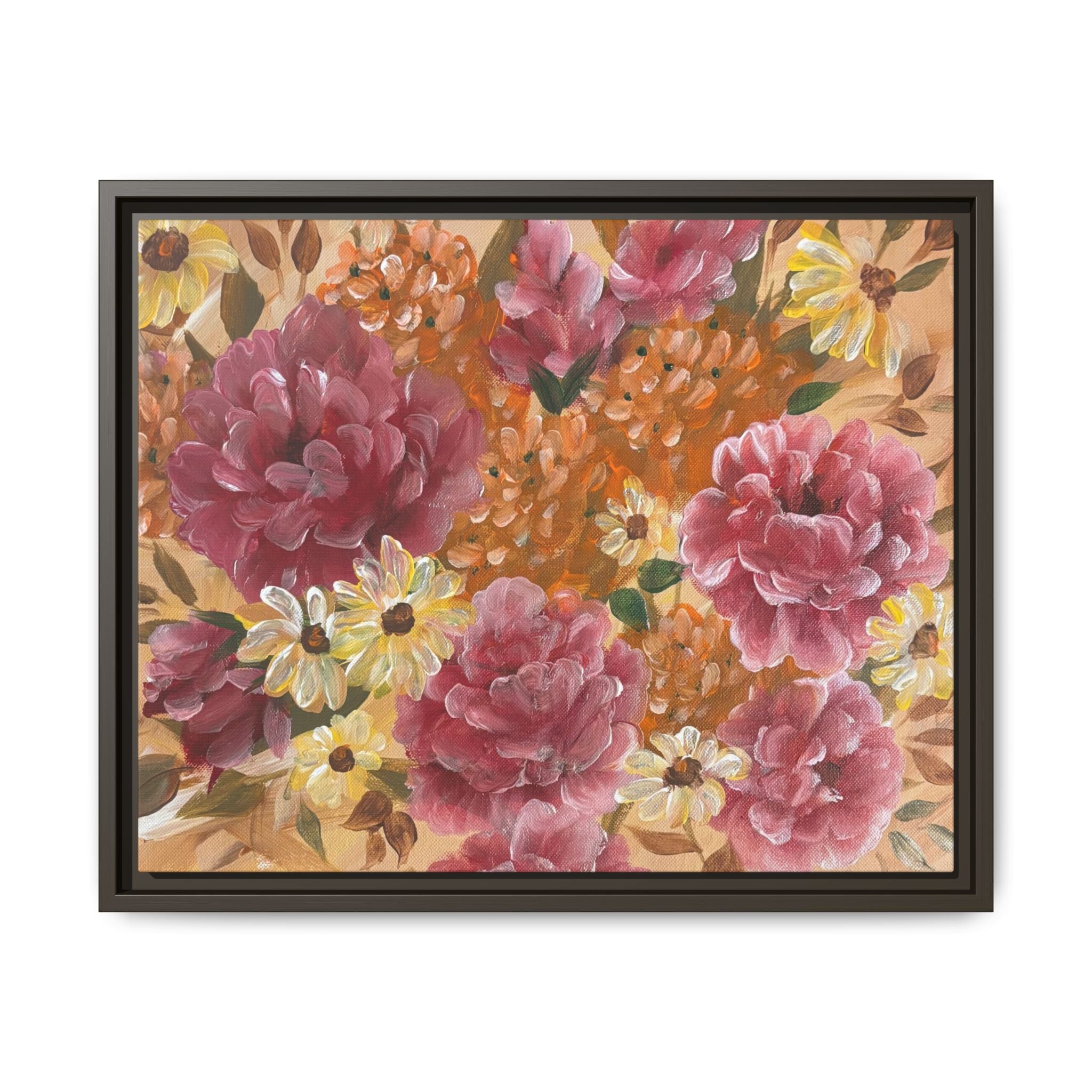 Warm Framed Floral Canvas Print — Vintage Pink Peonies Wall Art