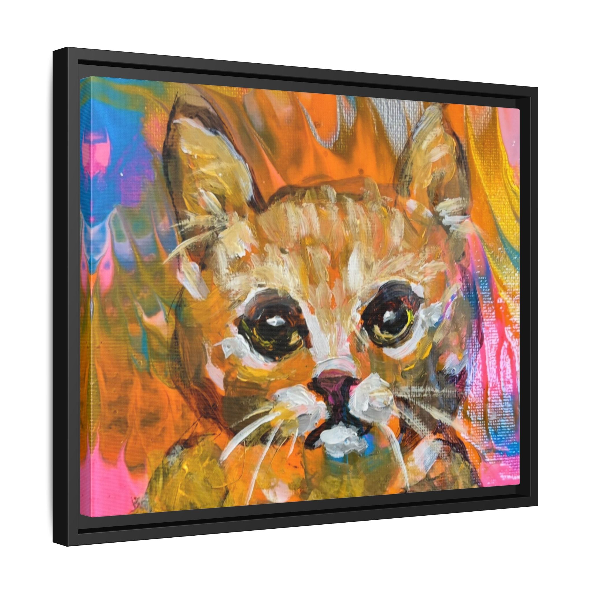 Framed Matte Canvas: Colorful Abstract Ginger Cat Wall Art