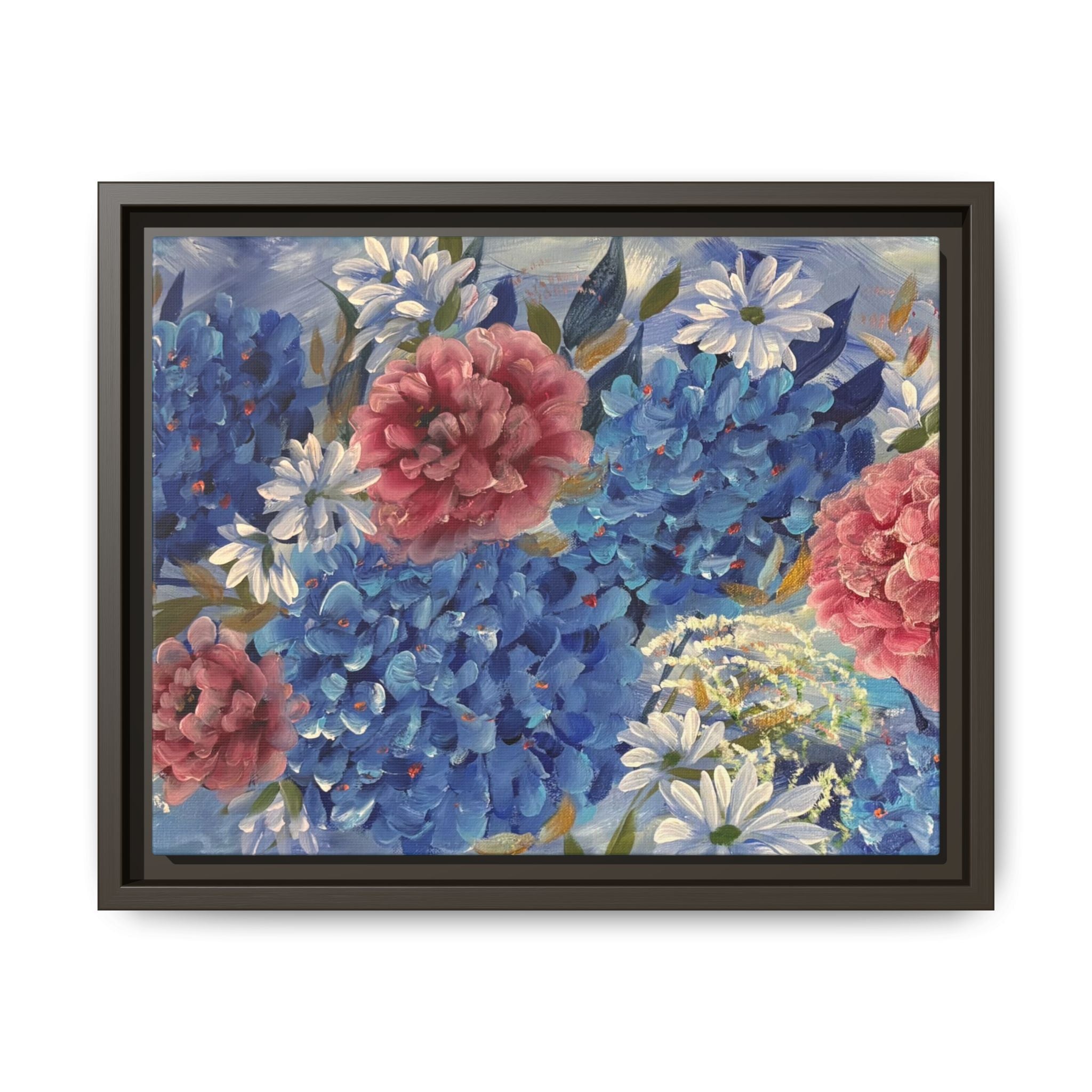Cool Blue Framed Floral Canvas Print — Blue Hydrangea & Pink Peony Wall Art