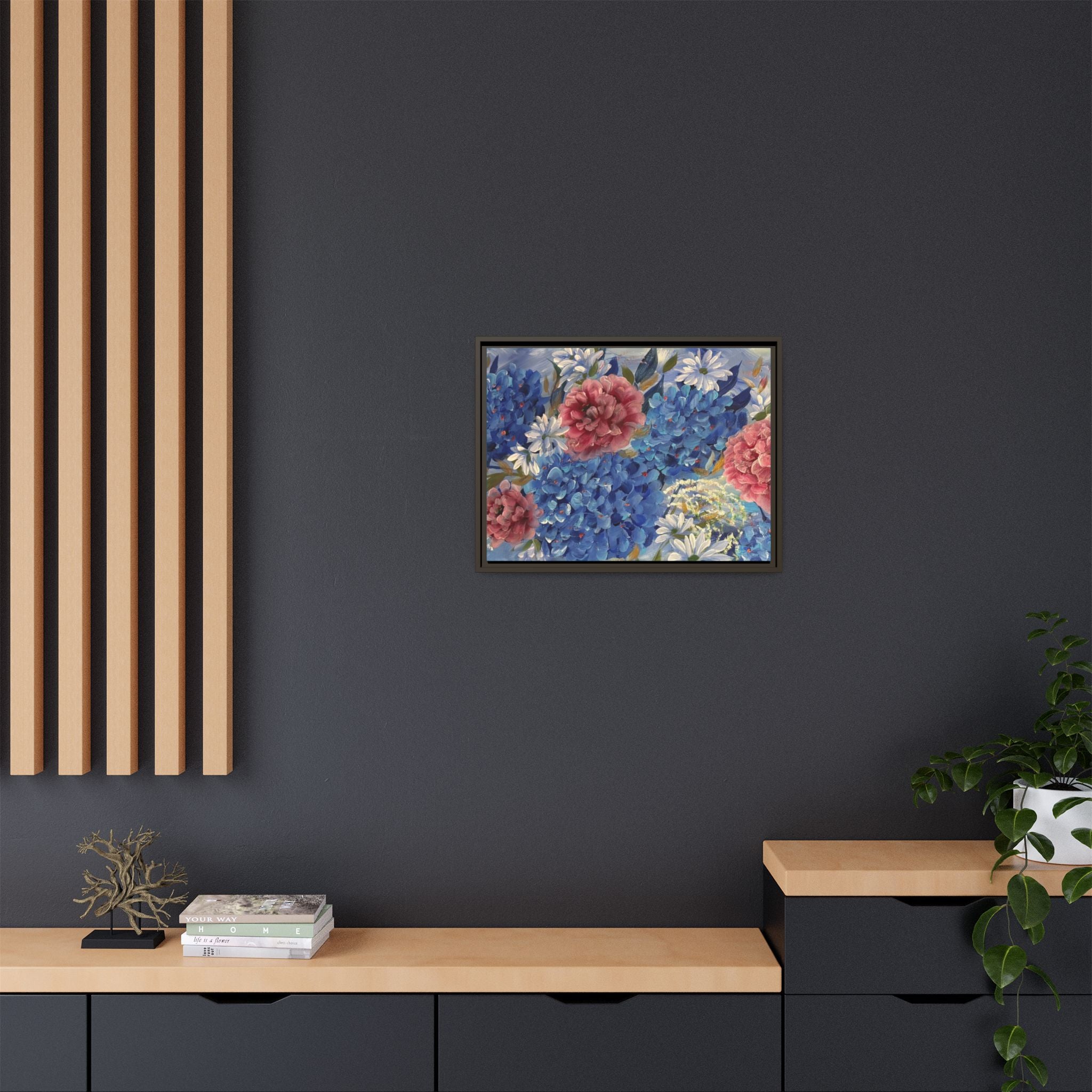 Cool Blue Framed Floral Canvas Print — Blue Hydrangea & Pink Peony Wall Art