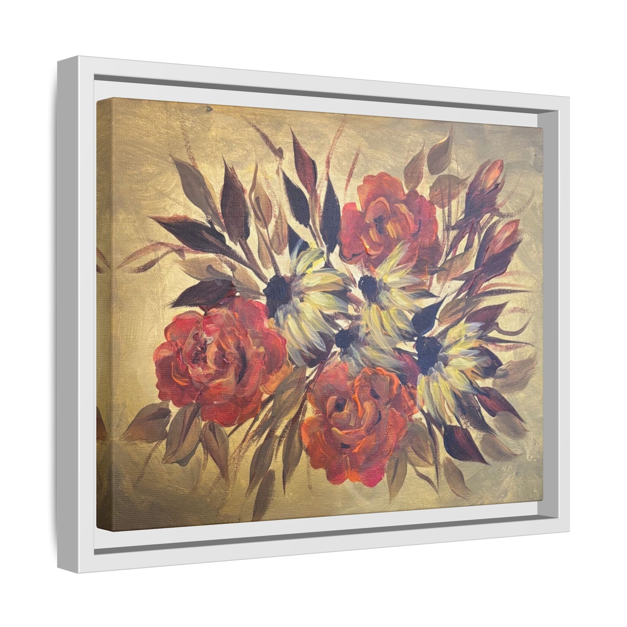Framed Floral Canvas Wall Art — Vintage Rose Bouquet Matte Print
