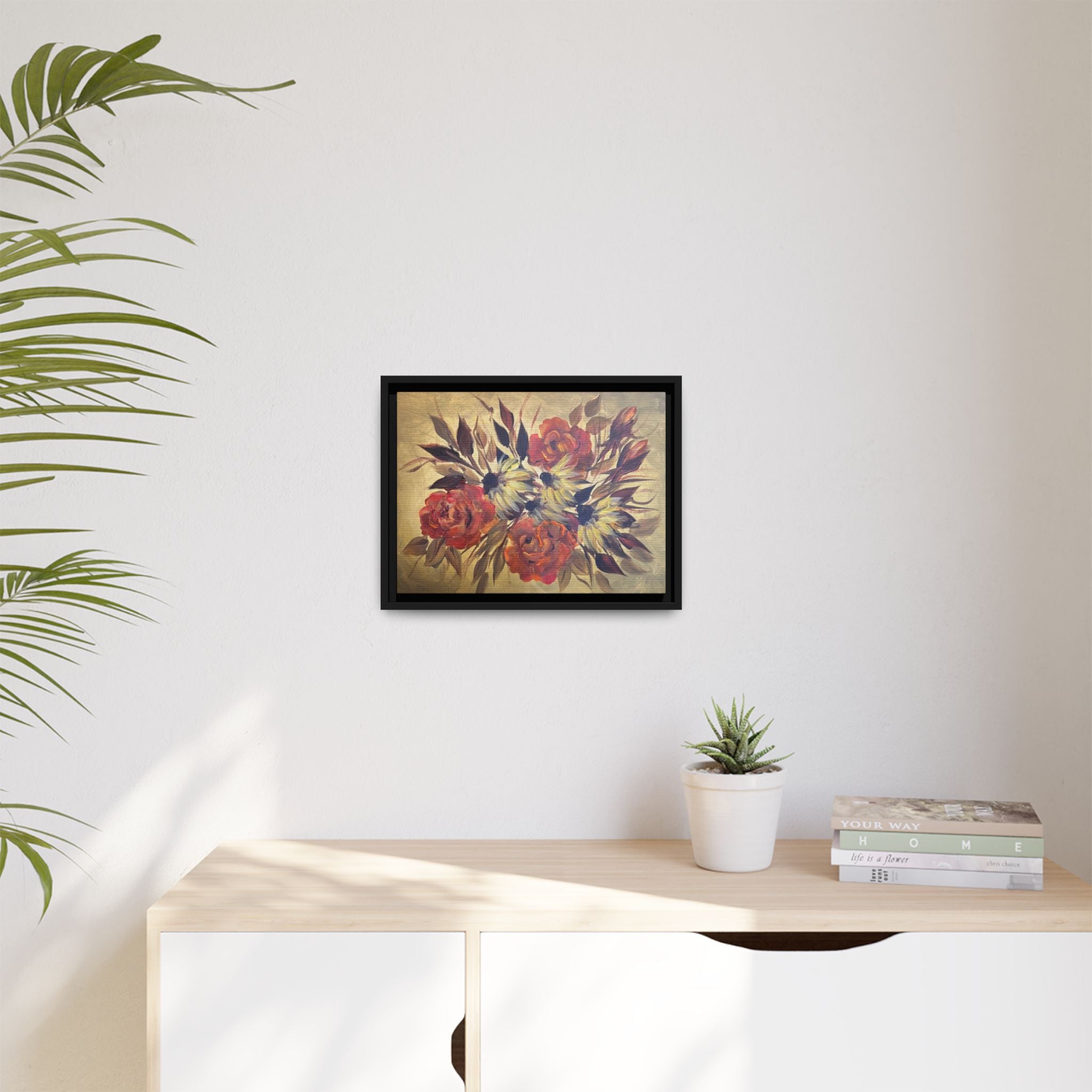 Framed Floral Canvas Wall Art — Vintage Rose Bouquet Matte Print