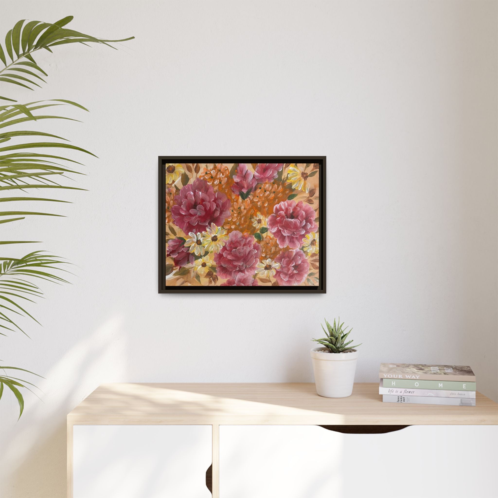 Warm Framed Floral Canvas Print — Vintage Pink Peonies Wall Art