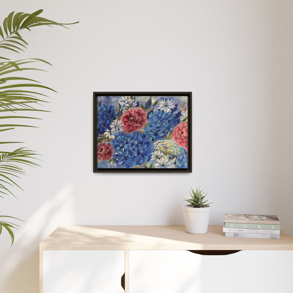 Cool Blue Framed Floral Canvas Print — Blue Hydrangea & Pink Peony Wall Art