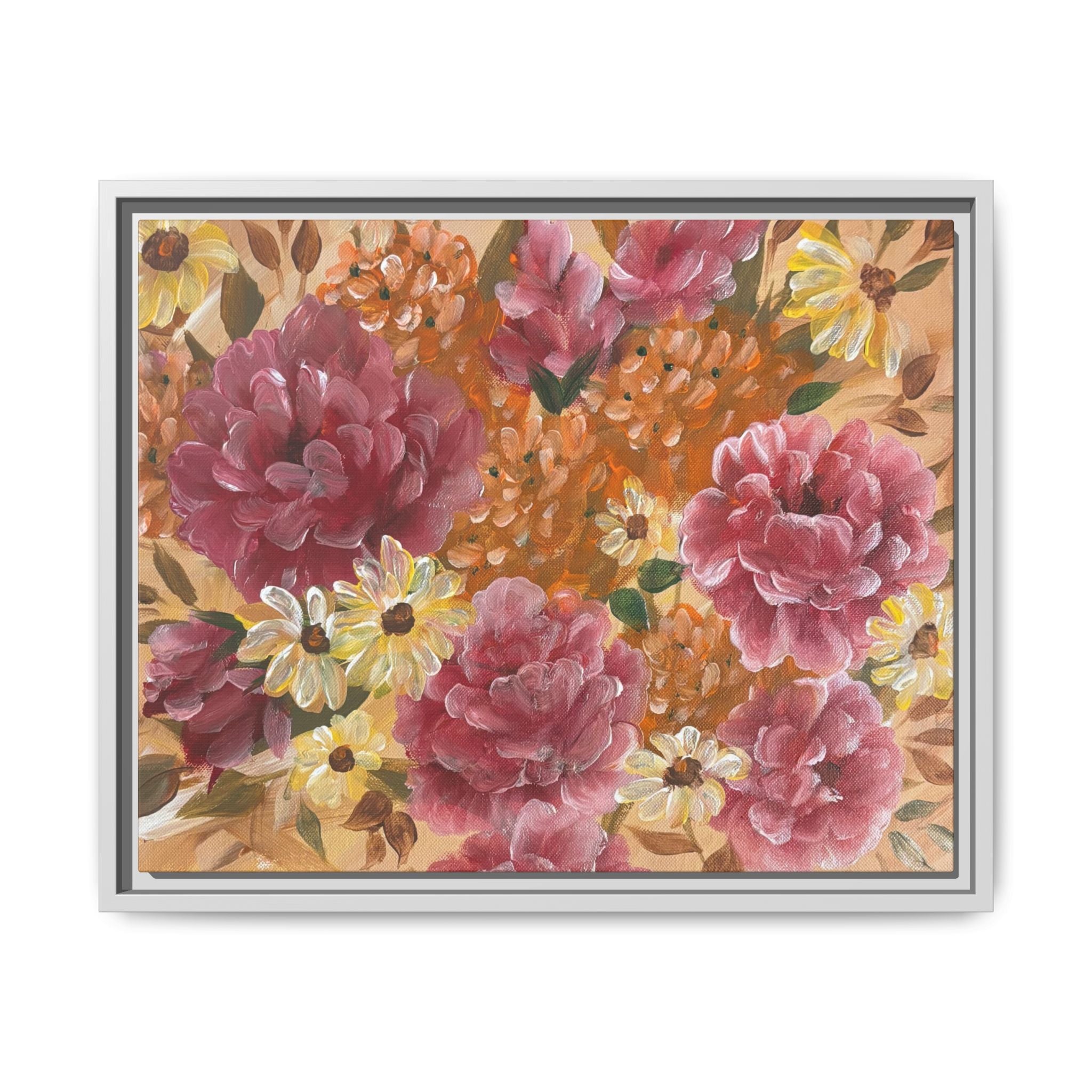 Warm Framed Floral Canvas Print — Vintage Pink Peonies Wall Art