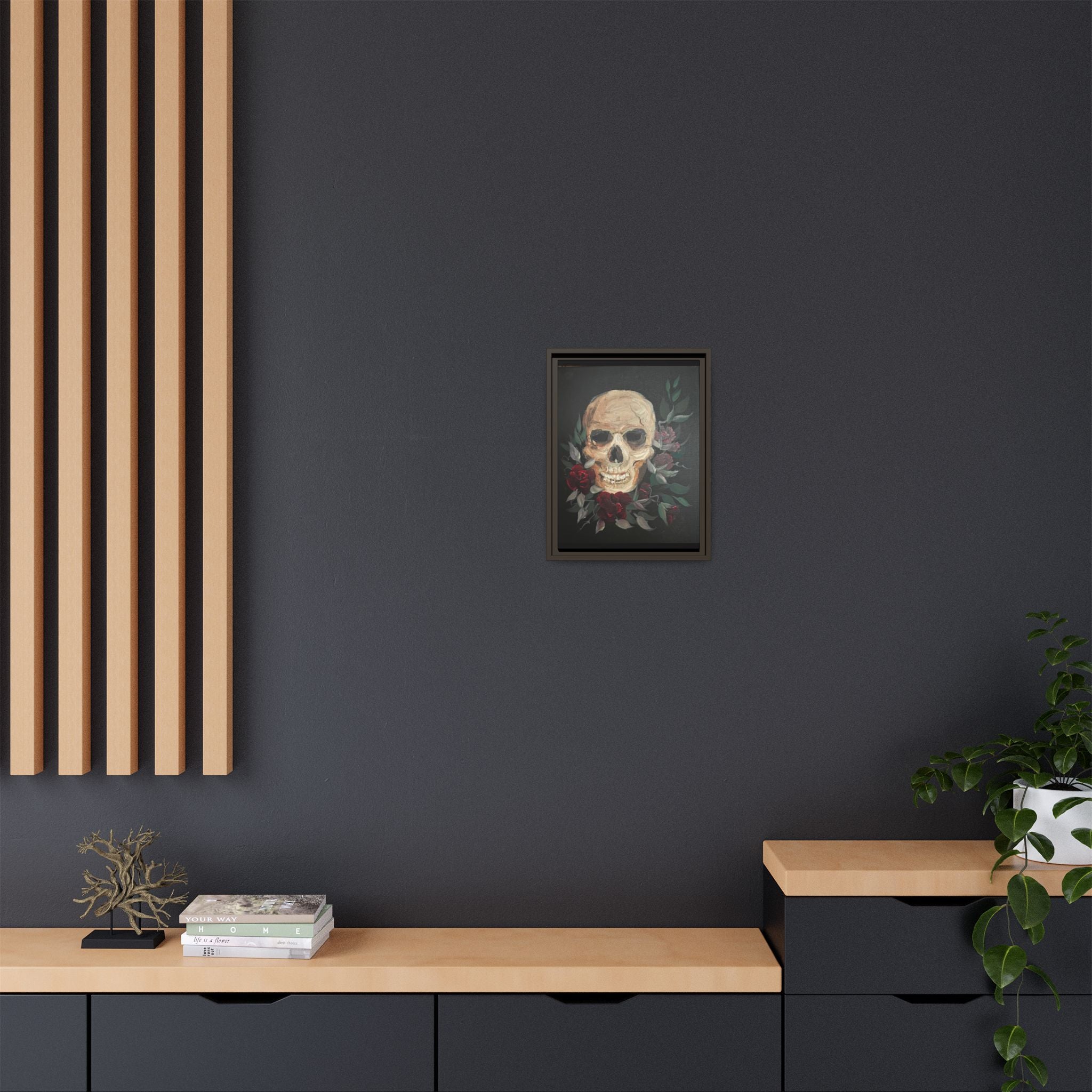 Framed Matte Canvas Skull & Roses Wall Art — Dark Gothic Home Decor
