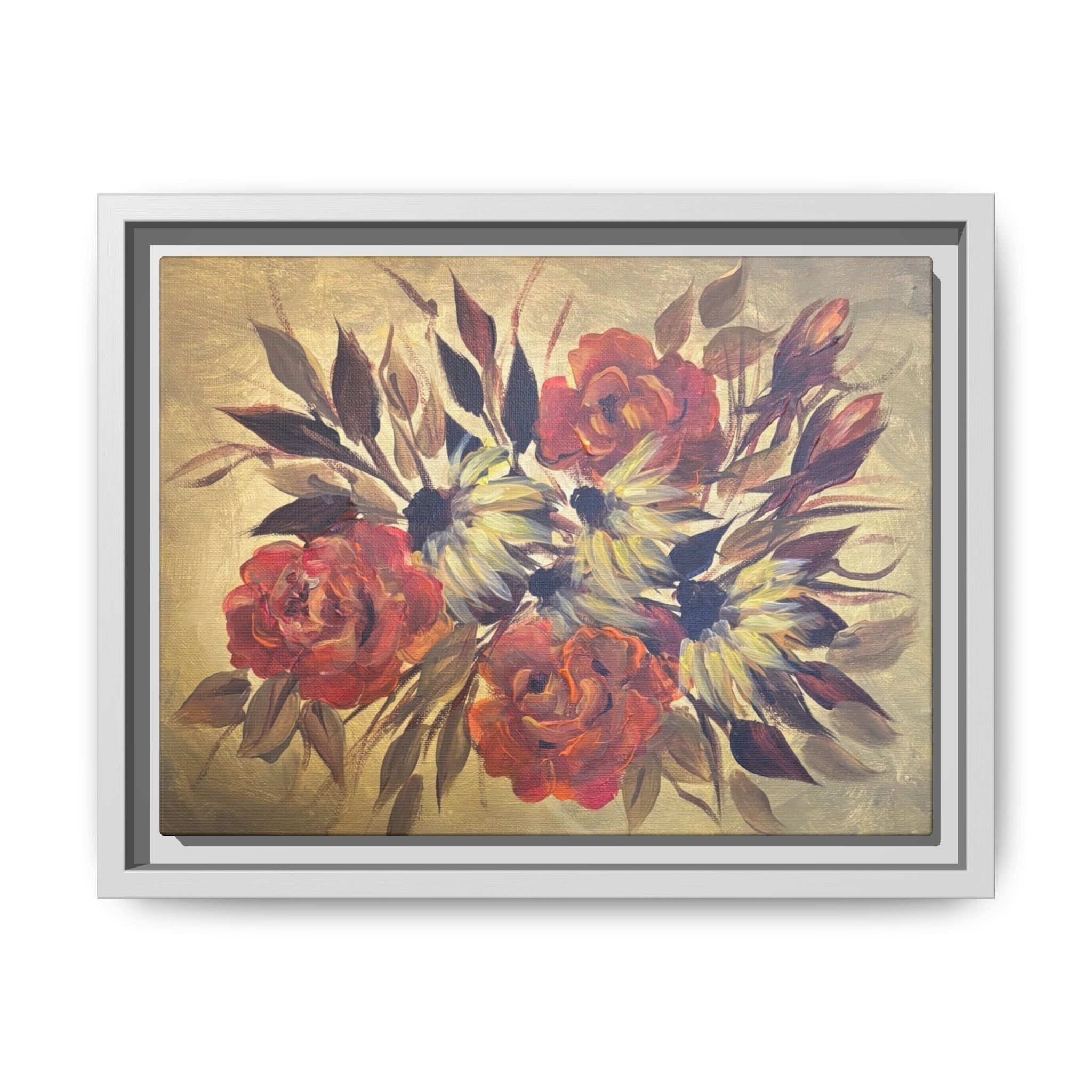 Framed Floral Canvas Wall Art — Vintage Rose Bouquet Matte Print