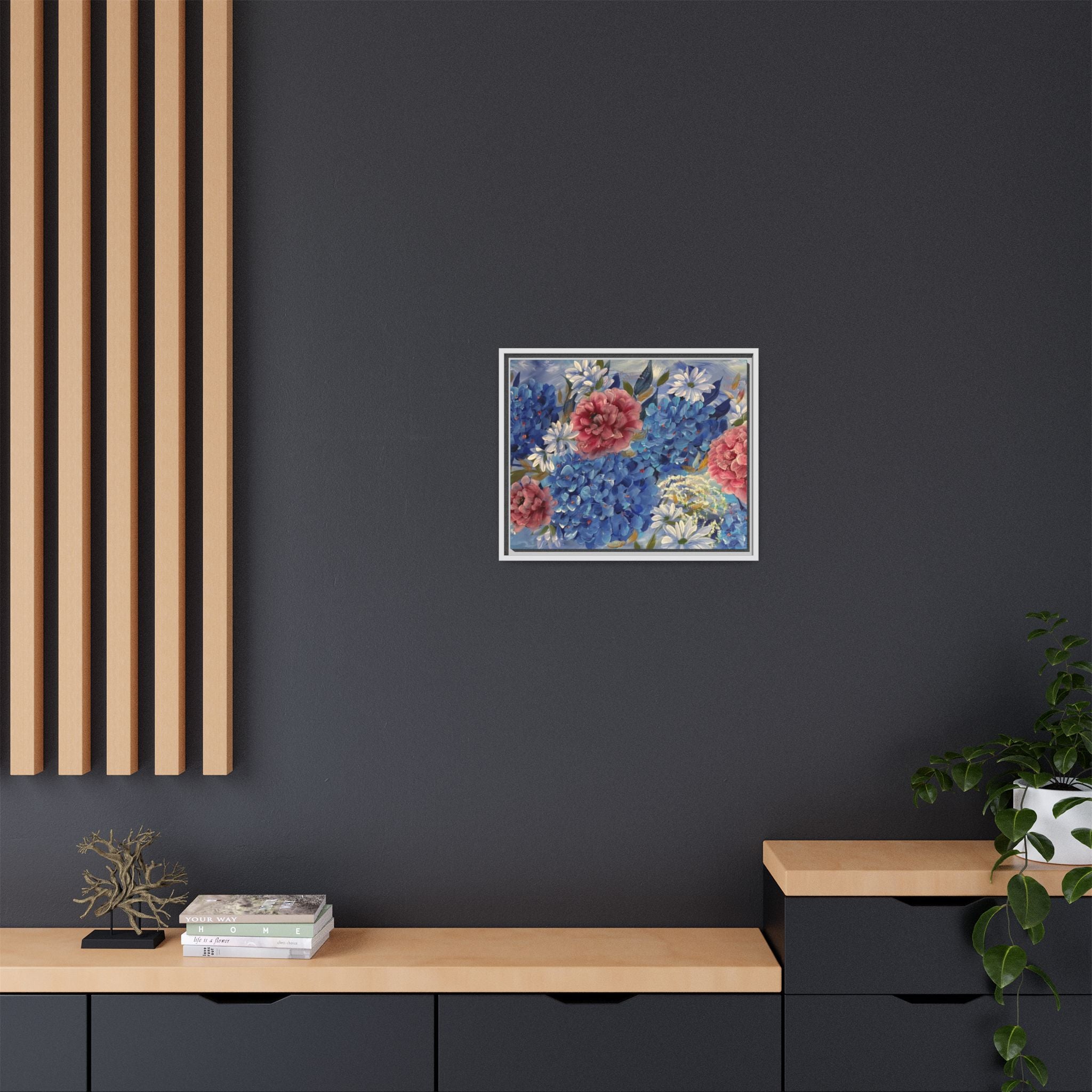 Cool Blue Framed Floral Canvas Print — Blue Hydrangea & Pink Peony Wall Art