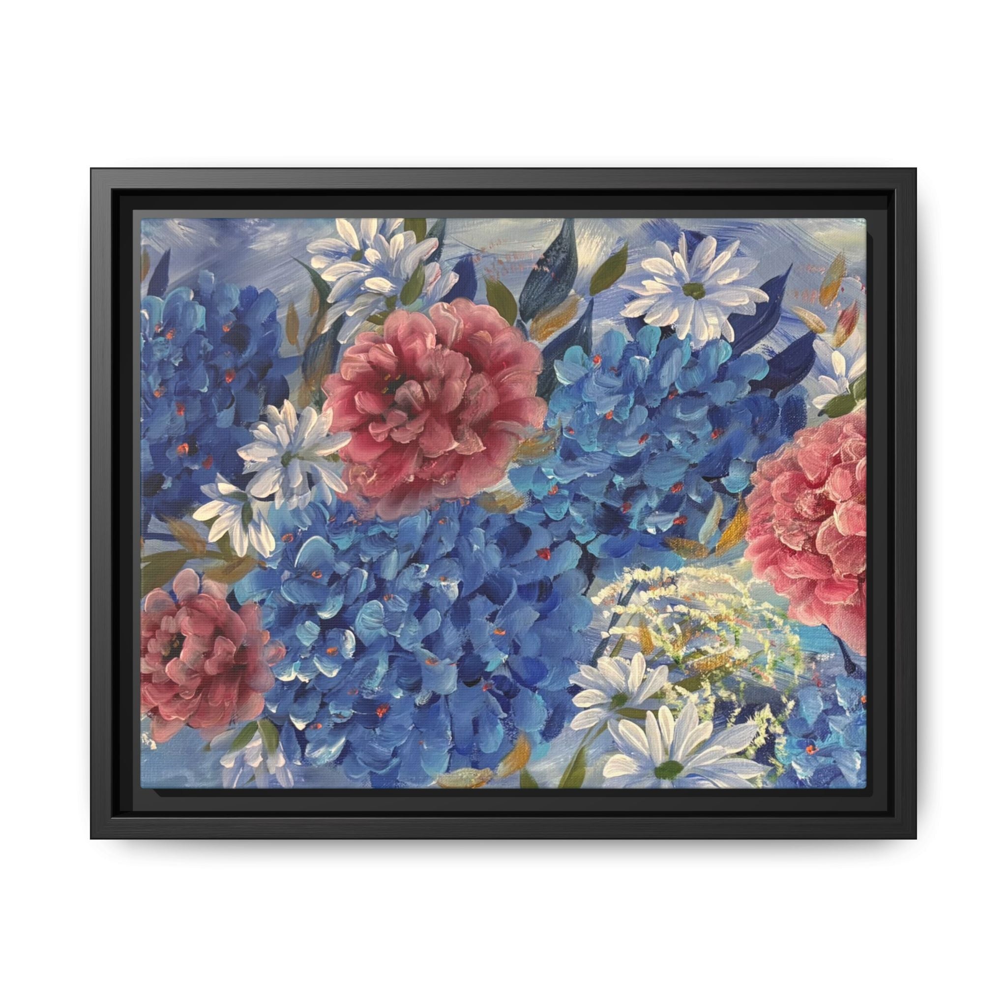 Cool Blue Framed Floral Canvas Print — Blue Hydrangea & Pink Peony Wall Art
