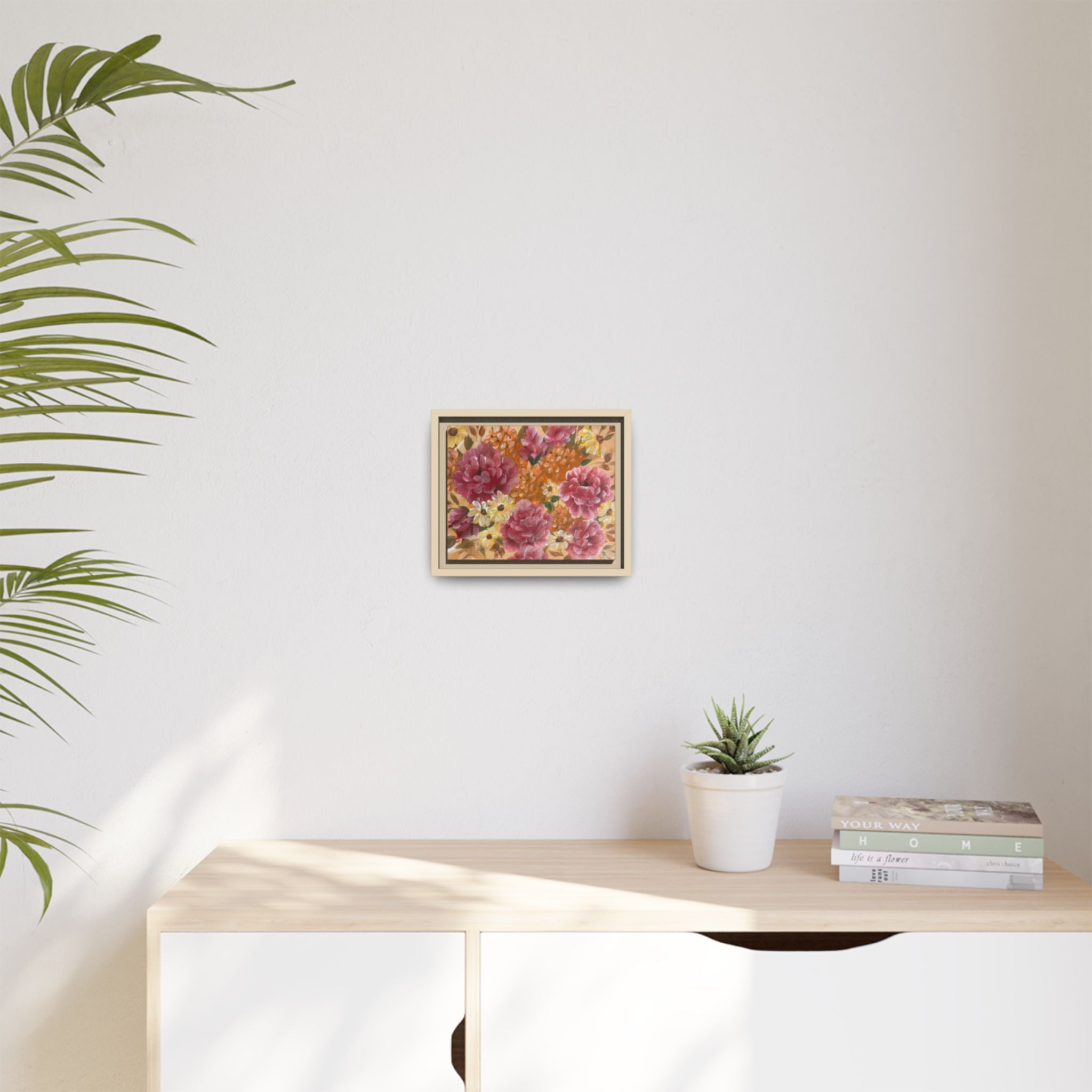 Warm Floral Framed Floral Canvas Print — Pink Peony & Daisies Wall Art