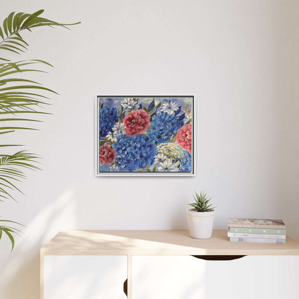 Cool Blue Framed Floral Canvas Print — Blue Hydrangea & Pink Peony Wall Art
