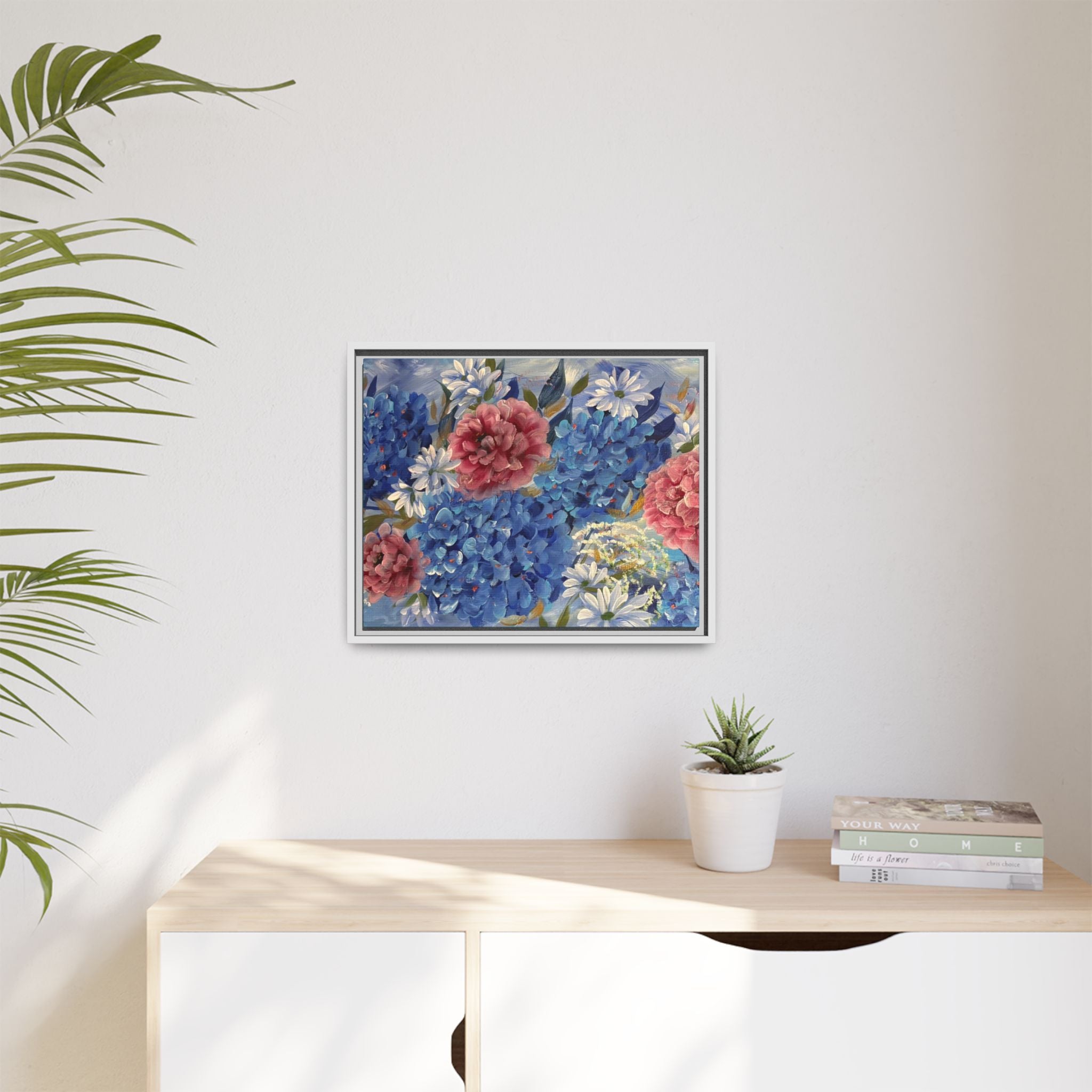 Cool Blue Framed Floral Canvas Print — Blue Hydrangea & Pink Peony Wall Art